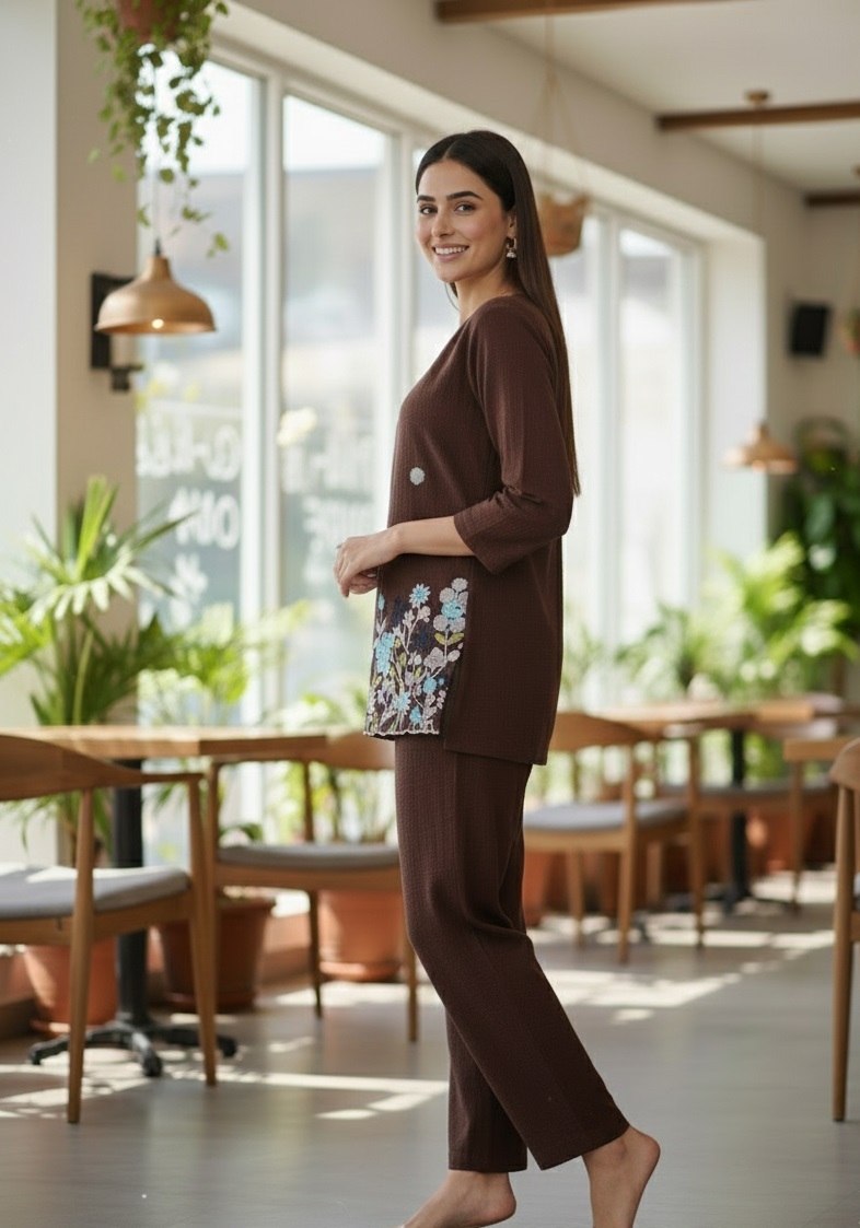 Women's Brown Bindu Bubbal Embroidered Co-Ord Set with V-Neck Top and Pant - Fully Stitched