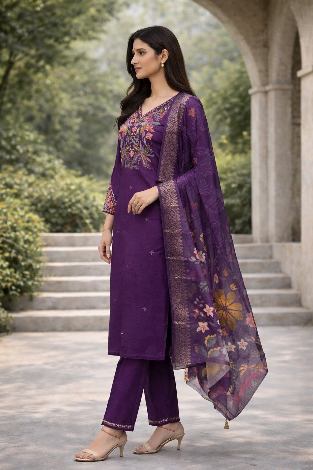 Designer Cotton Silk Embroidered Kurti Pant Set with Digital Print Dupatta - Fully Stitched