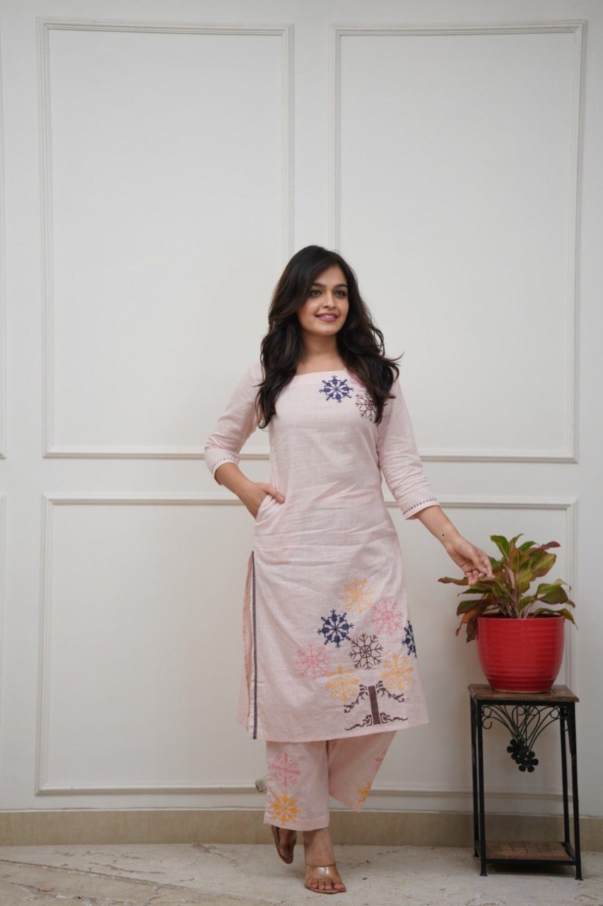 Modern Cotton Blend Co-Ord Set for Women with Embroidery Work - Fully Stitched