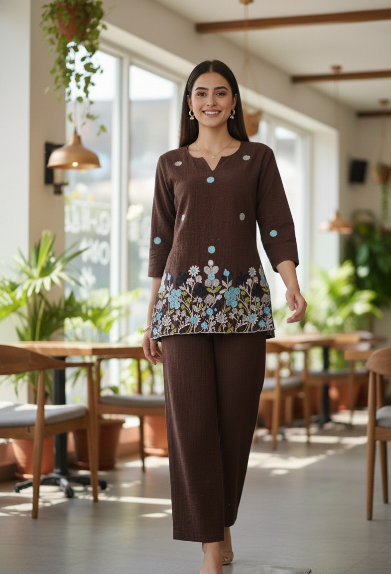 Women's Brown Bindu Bubbal Embroidered Co-Ord Set with V-Neck Top and Pant - Fully Stitched