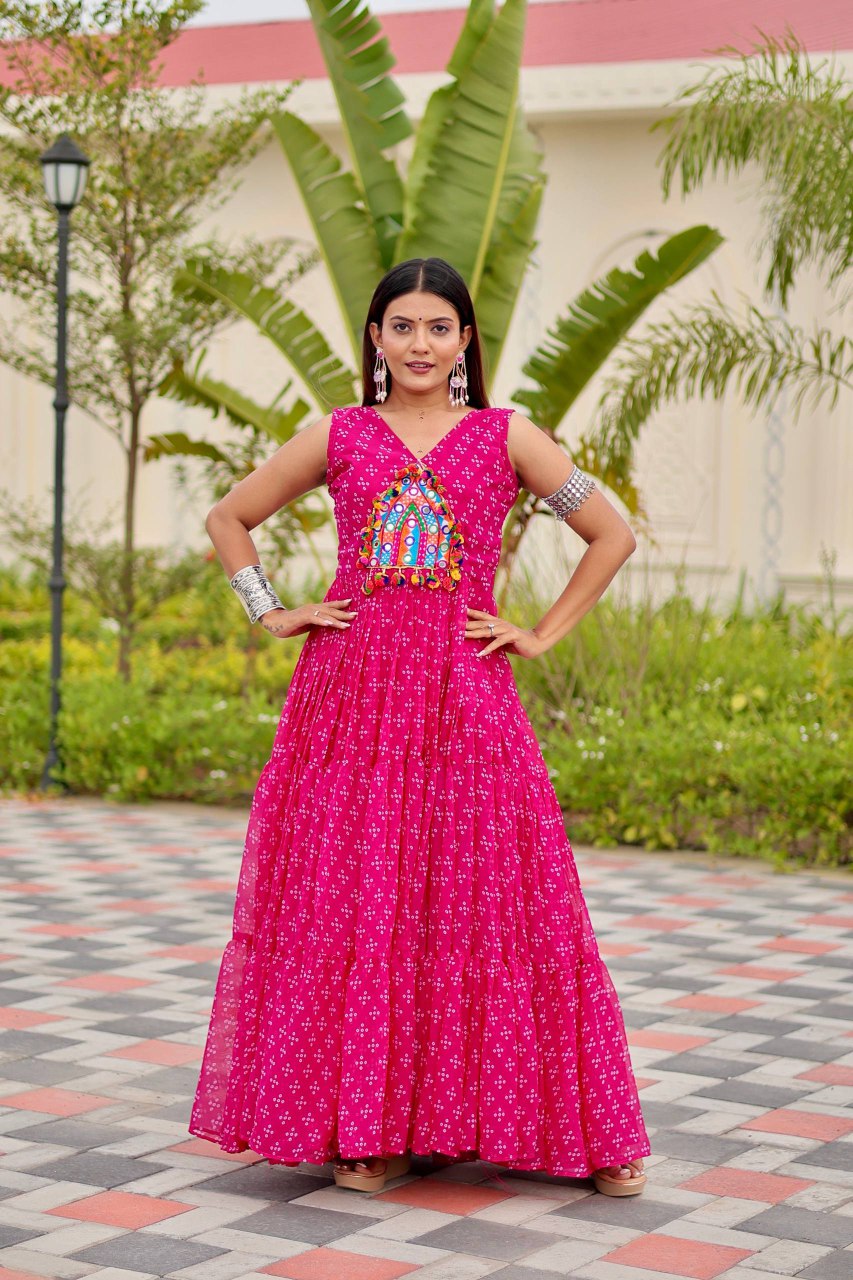Navratri Special Faux Georgette Gown with Embroidery Thread Work and Real Mirror - Fully Stitched