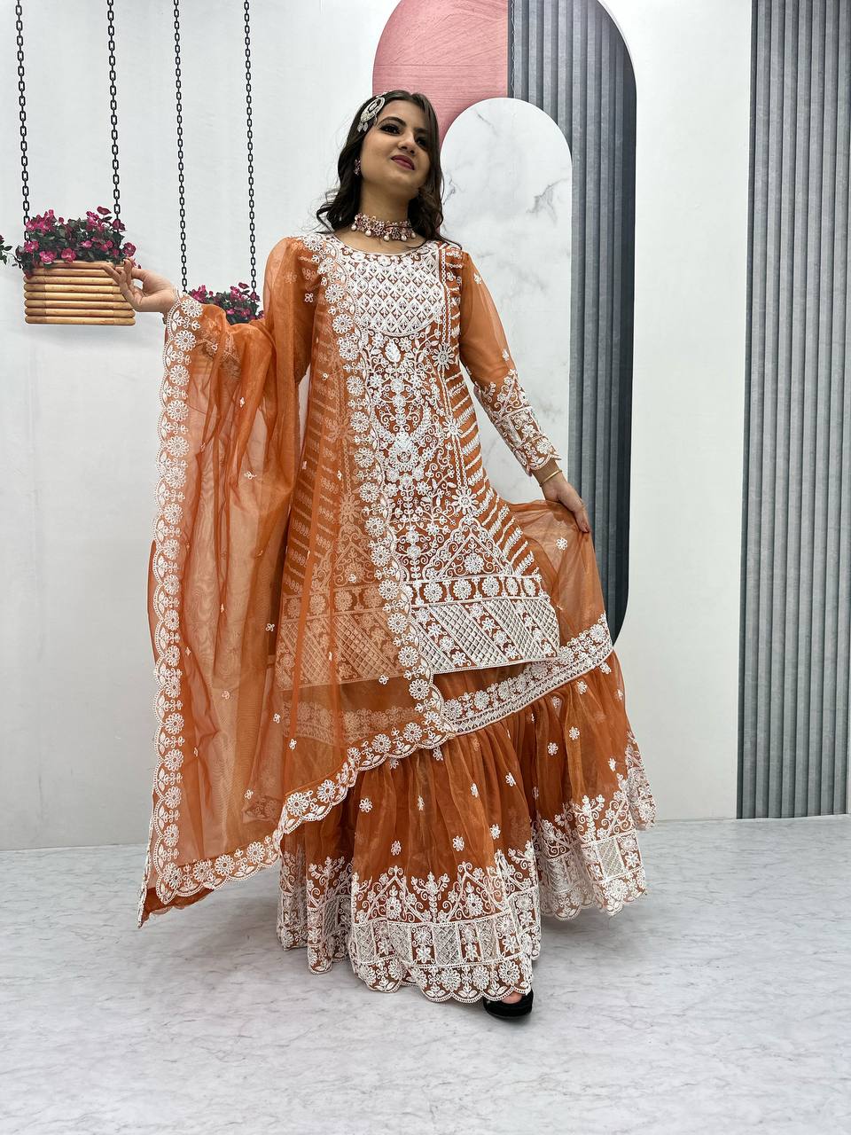 Designer Party Wear Farshi Sharara Set with Heavy Embroidered Top and Dupatta - Fully Stitched