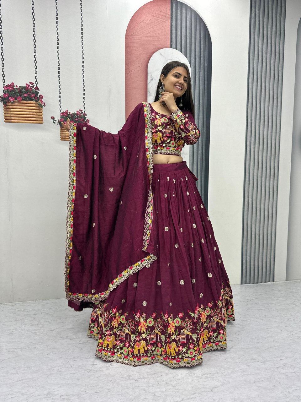 Designer Chinon Lehenga Choli with Embroidery Coding Thread Work - Fully Stitched