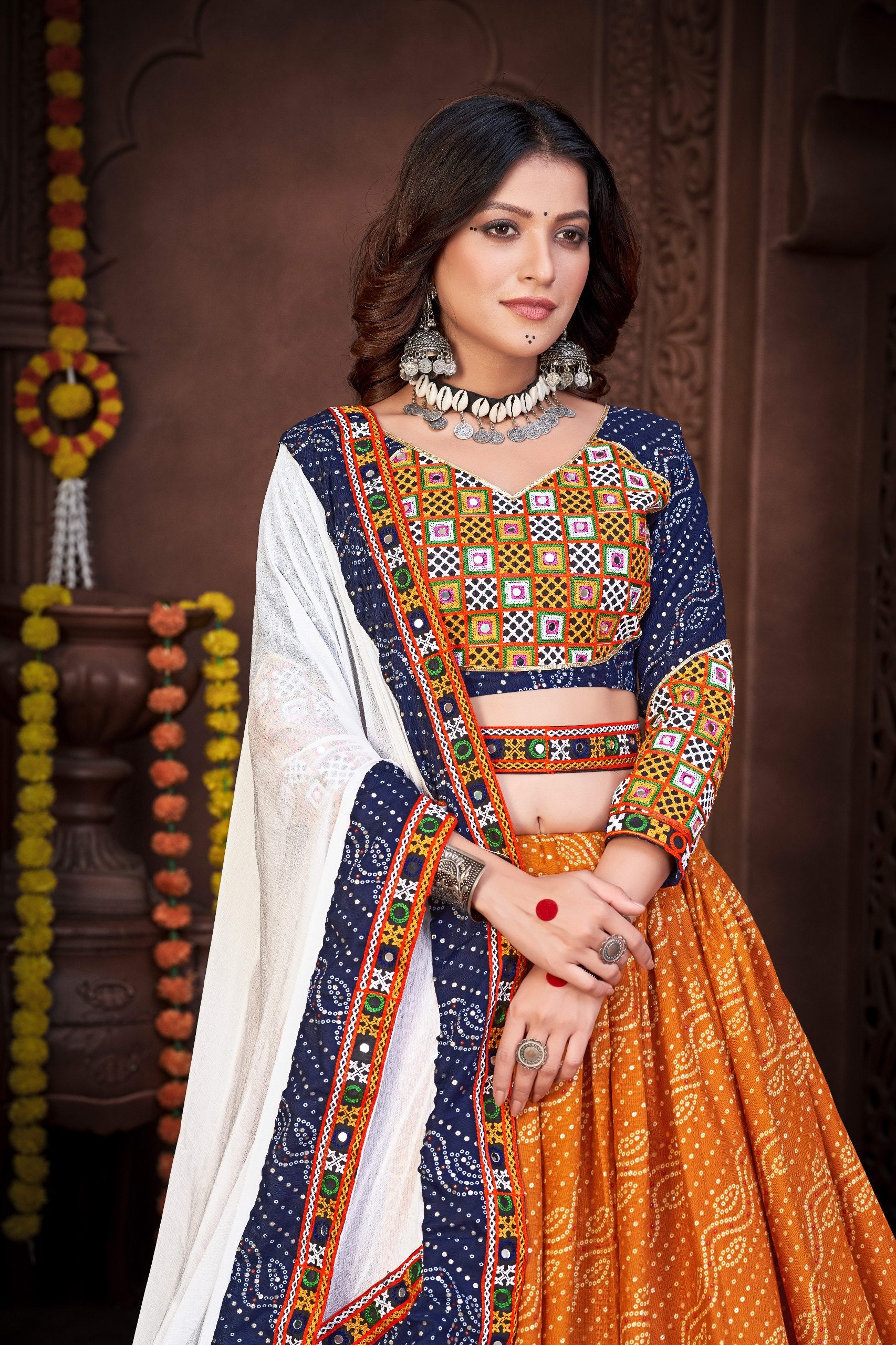 Navratri Special Blue & Mustard Bandhani Chaniya Choli with Embroidered Dupatta