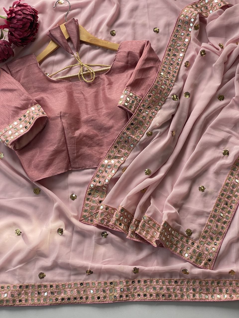 Trending Bollywood Blockbuster Faux Georgette Sequins Designer Saree with Mirror Work Border