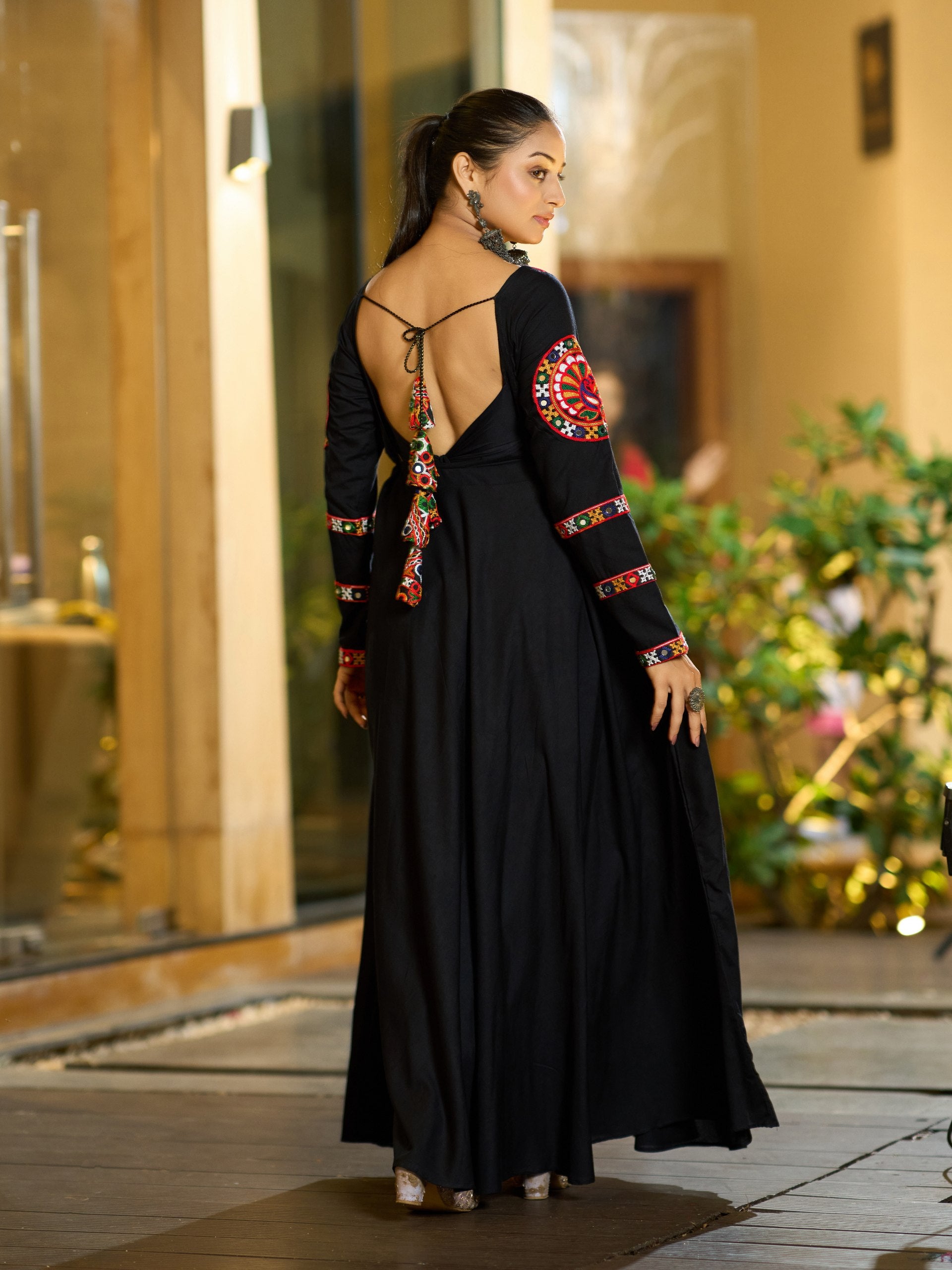 Navratri Special Black Embroidered Rayon Gown with Original Mirror Work
