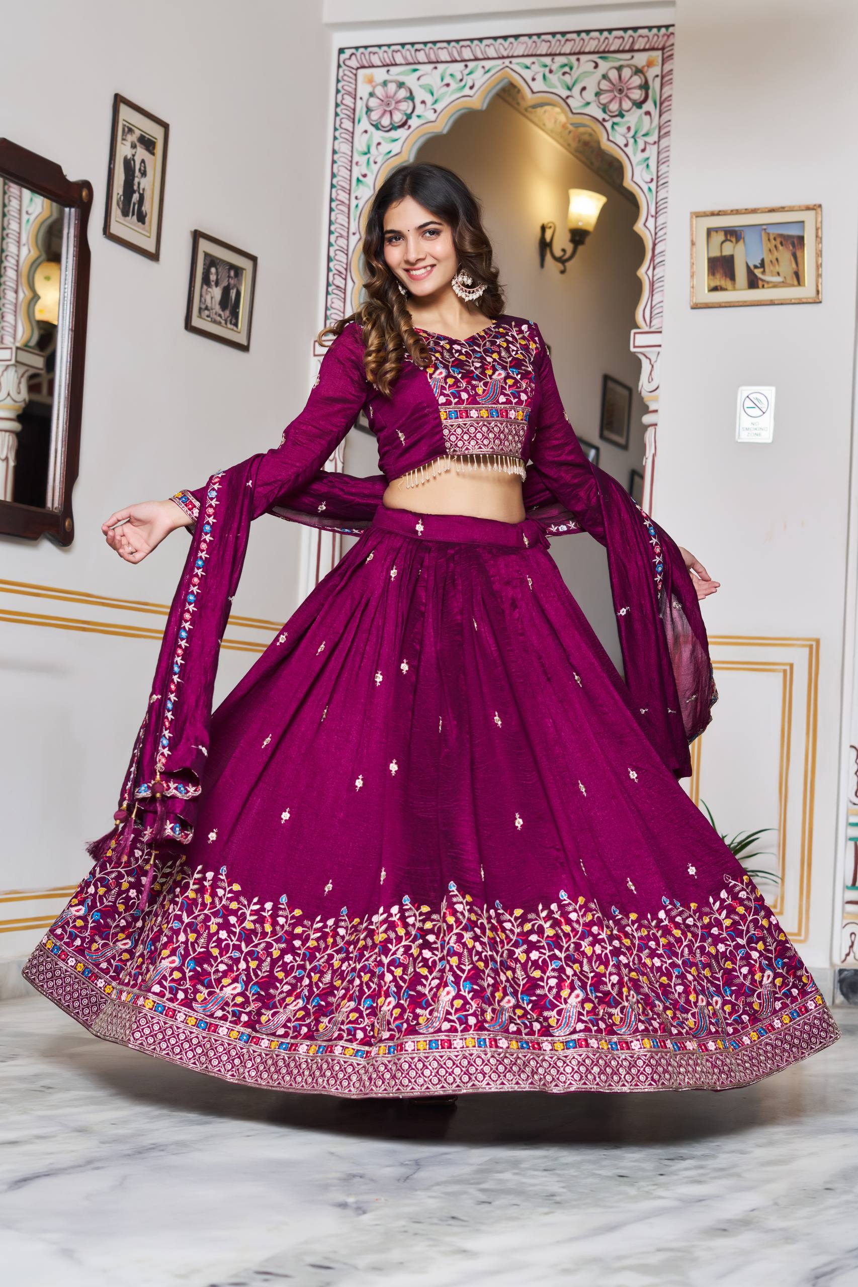 Wedding Collection Vichitra Silk Lehenga Choli with Heavy Embroidery Sequence and Beads Work - Fully Stitched