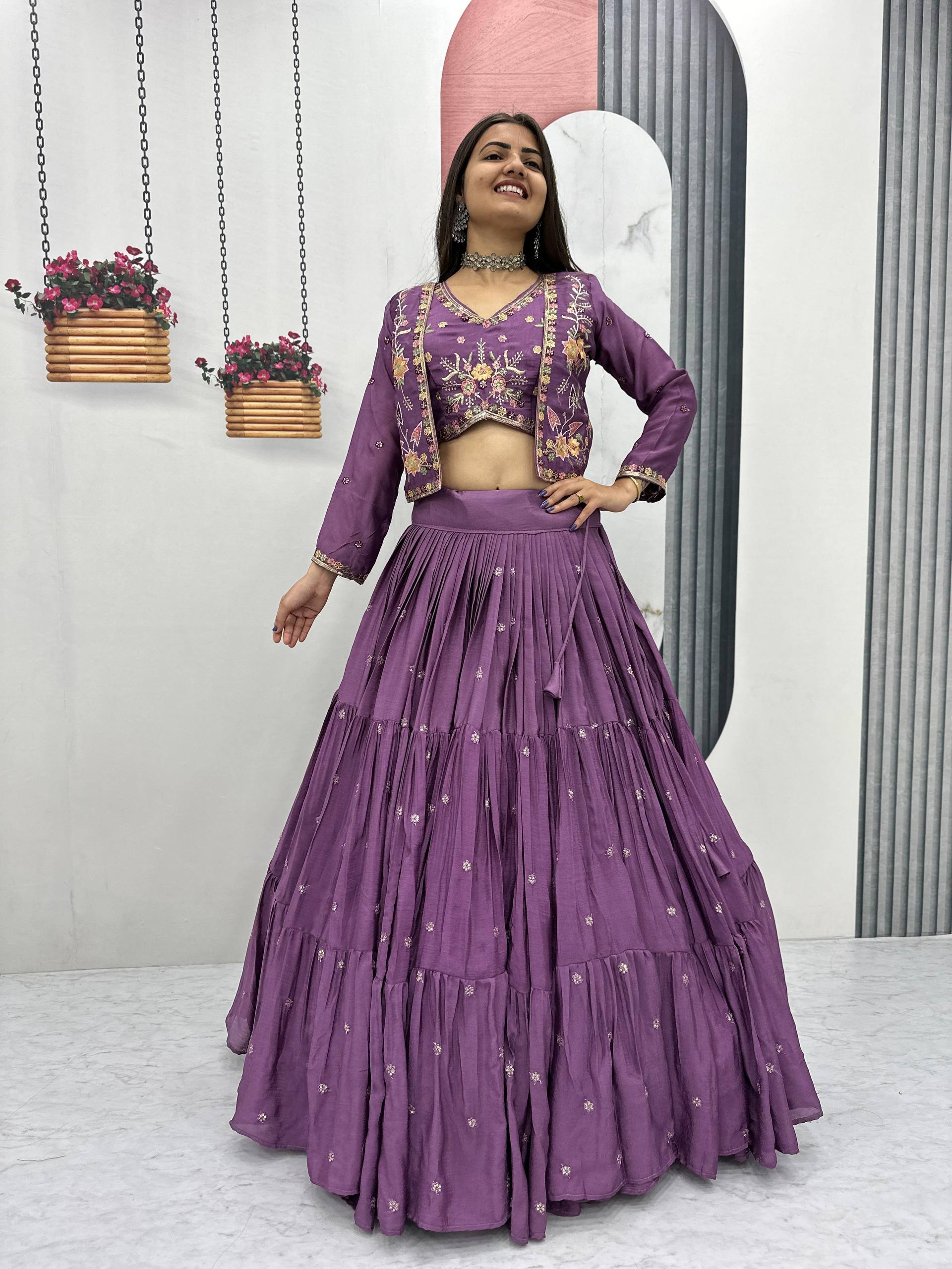 Festival Special Chinon Crop Top Lehenga with Embroidered Jacket - Fully Stitched