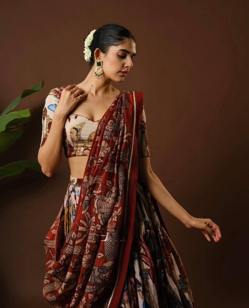 Traditional Kalamkari Print Cotton Lehenga Choli with Dupatta - Fully Stitched