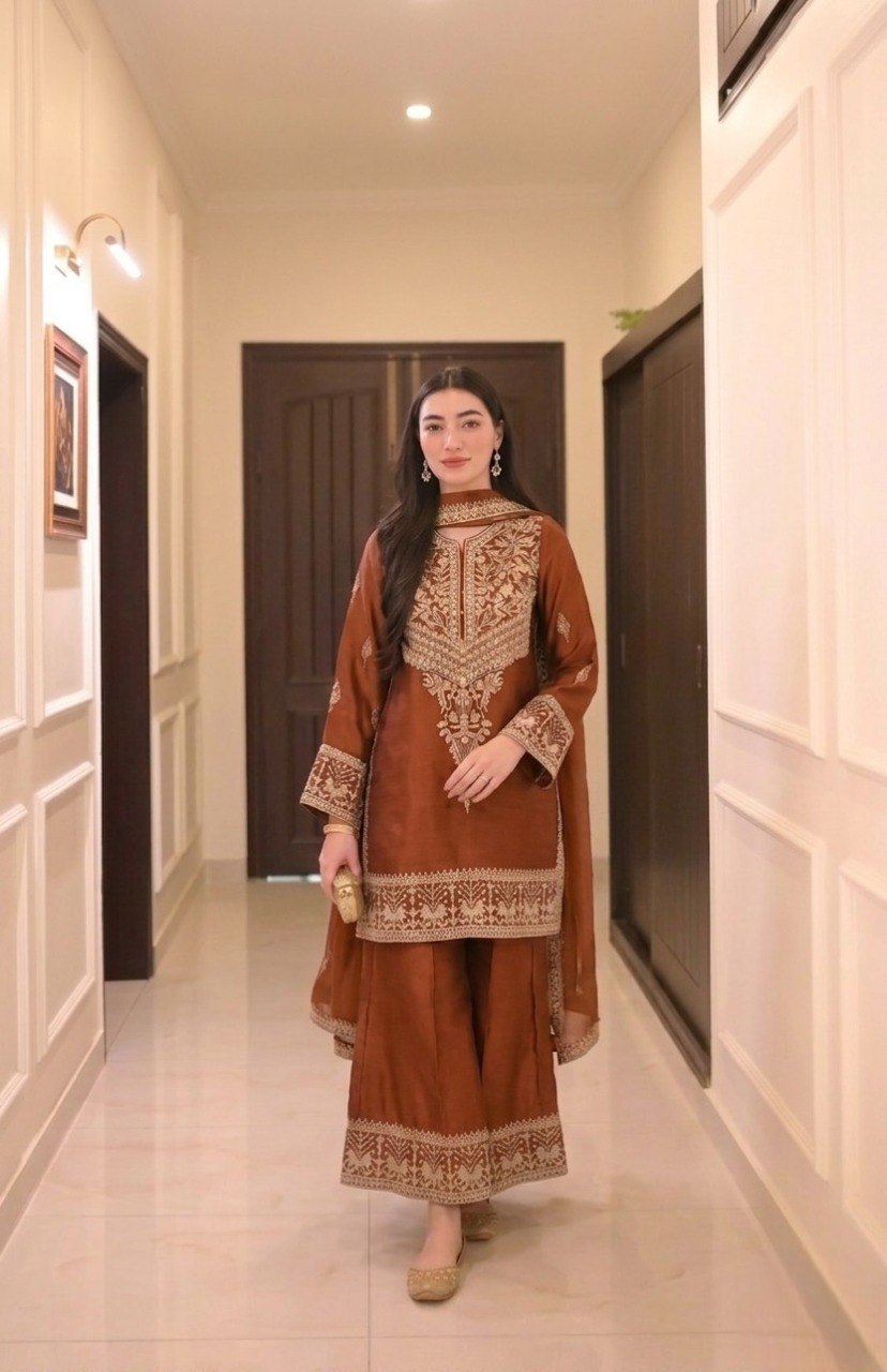 Stylish Vichitra Silk Embroidered Kurta Palazzo Set with Dupatta for Party Wear - Fully Stitched
