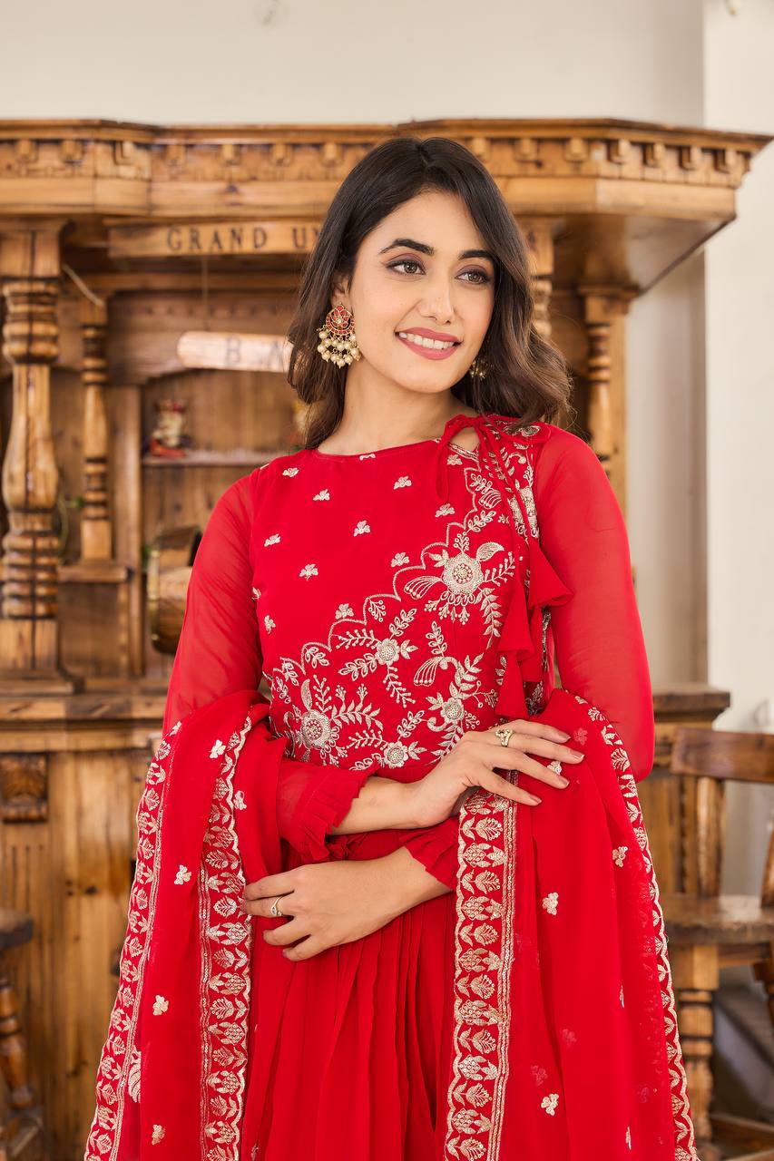 New Festival Collection Fox Georgette Long Gown with Heavy 3MM Sequence Embroidery Dupatta - Fully Stitched