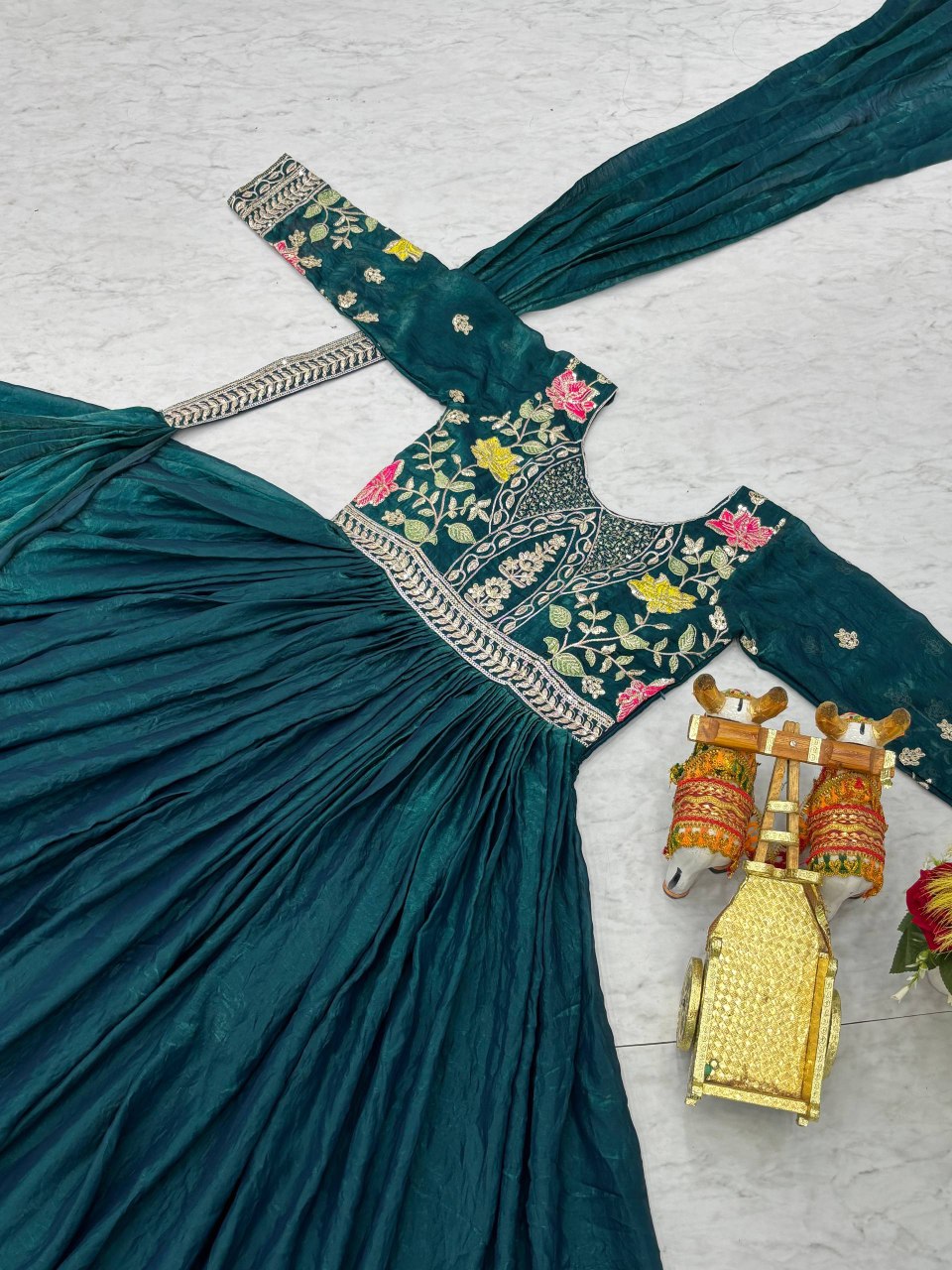 Festival Collection Fendy Silk Long Gown with Heavy Cording Sequence and Thread Embroidery Work - Fully Stitched