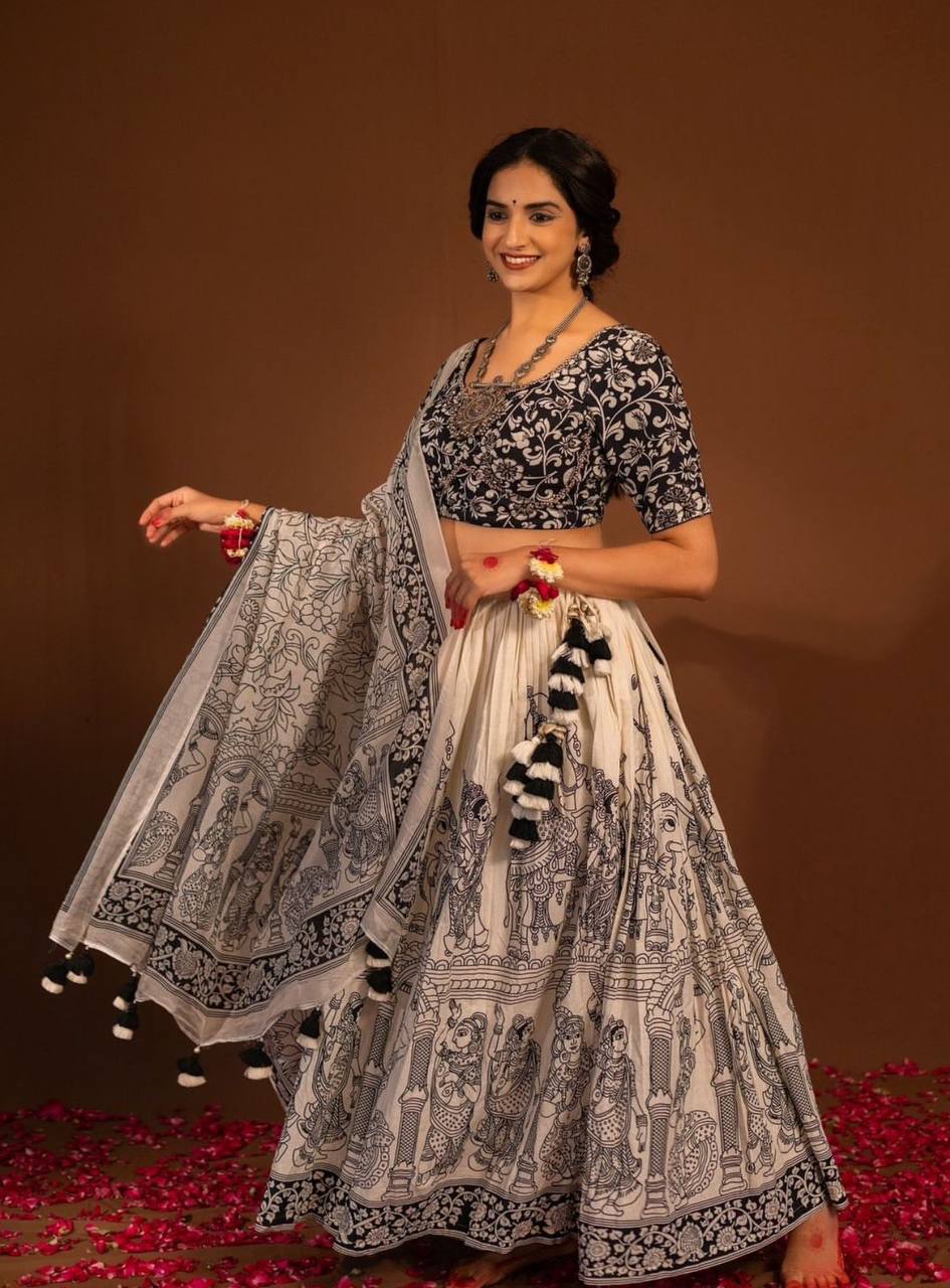Festival Special Kalamkari Print Cotton Lehenga Choli with Dupatta - Fully Stitched