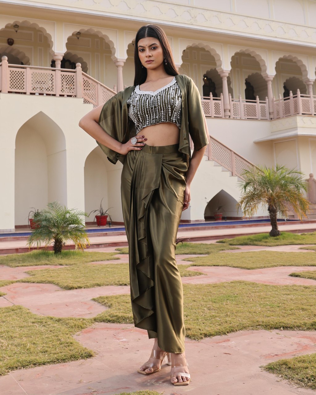 Premium Mehendi Satin Silk Indo-Western Drape Skirt Set with Embroidered Top and Shrug- Fully Stitched