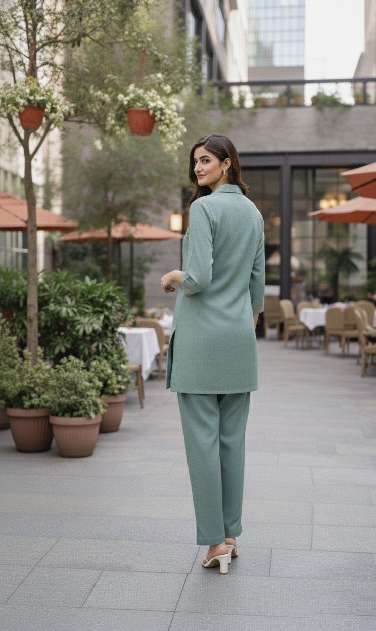 Women's Poly Linen Cotton Embroidered Co-Ord Set with Shirt Collar Top and Pant - Fully Stitched