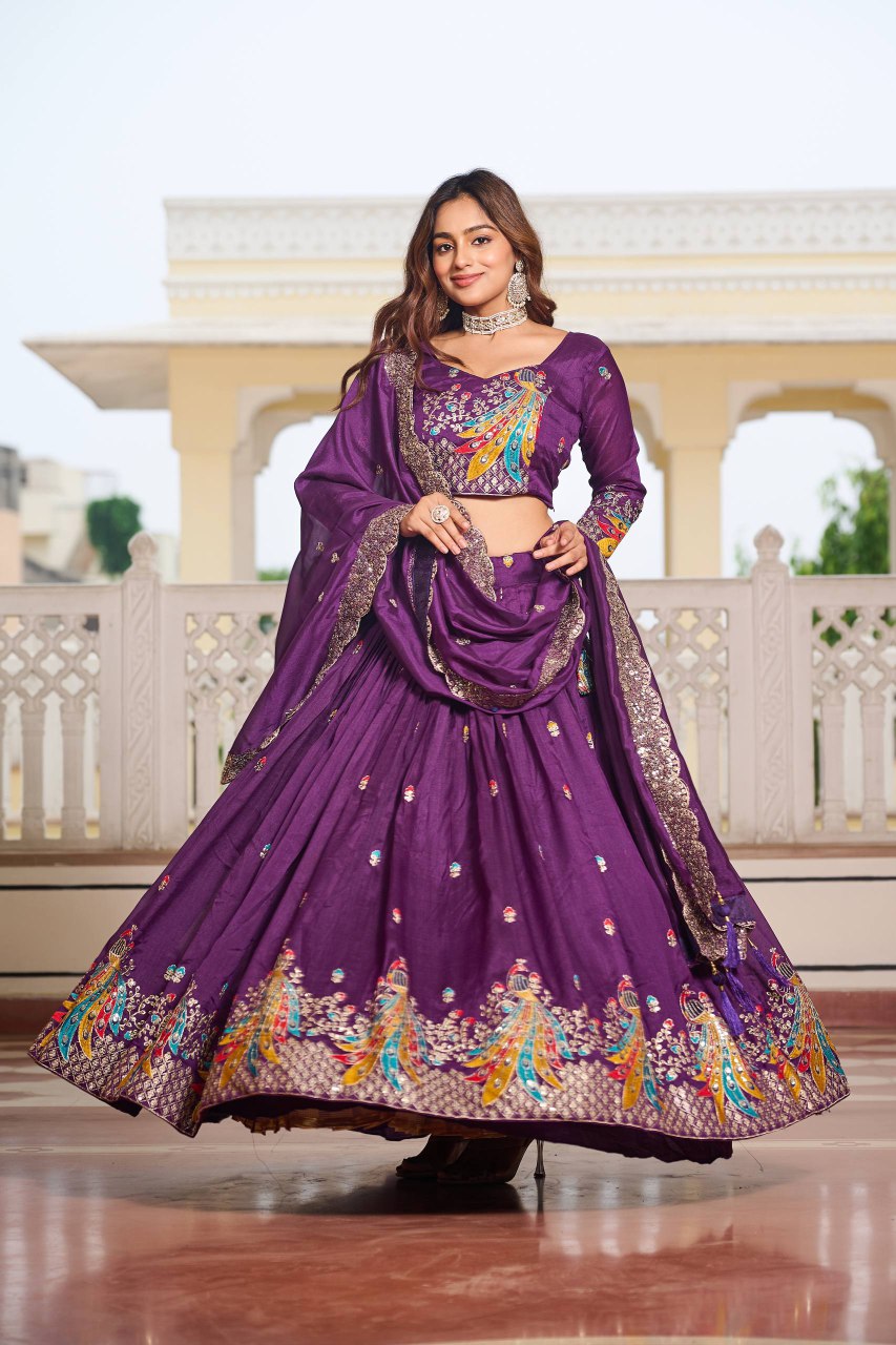 Festival Collection Vichitra Lehenga Choli with Heavy Embroidery and 3MM Sequence Work  - Fully Stitched (