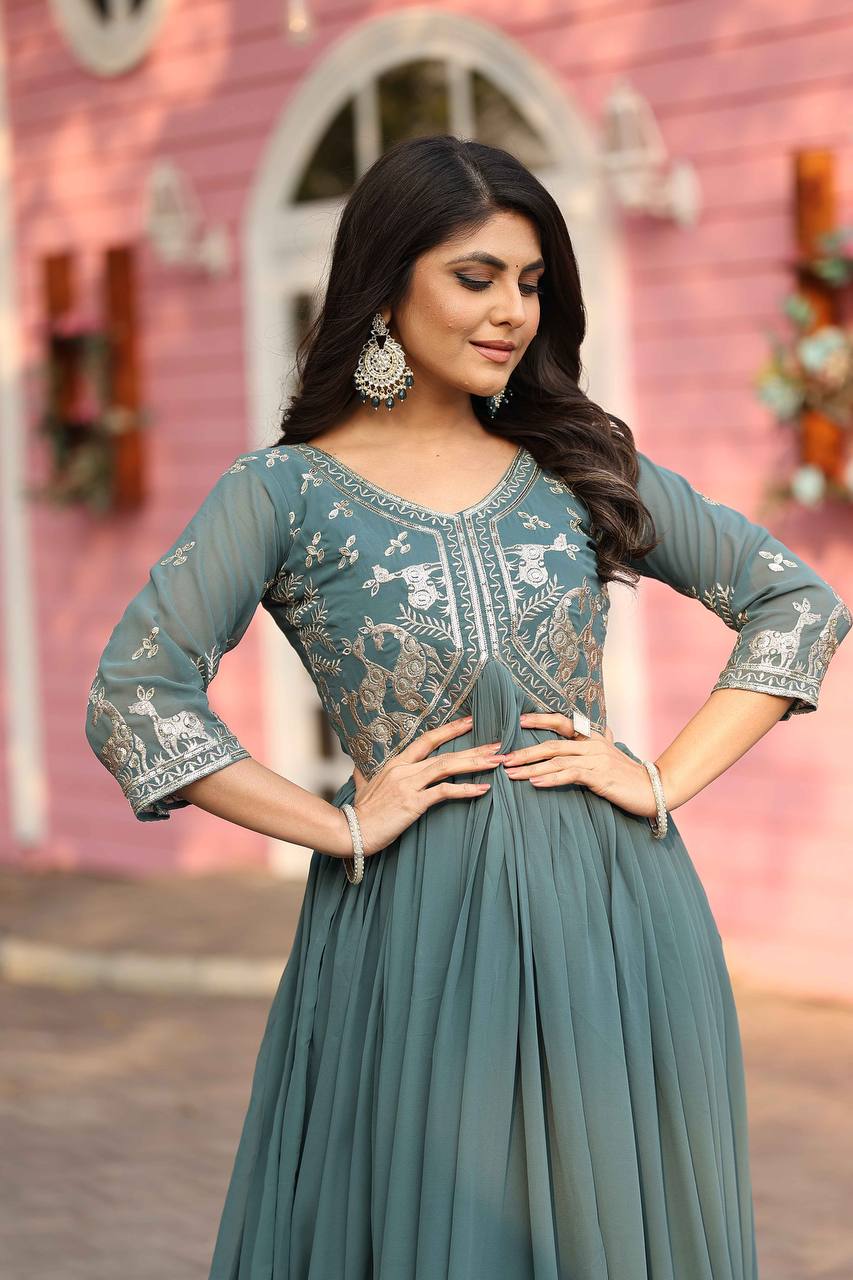 New Festival Collection Fox Georgette Long Gown with Heavy 3MM Sequence Work - Fully Stitched