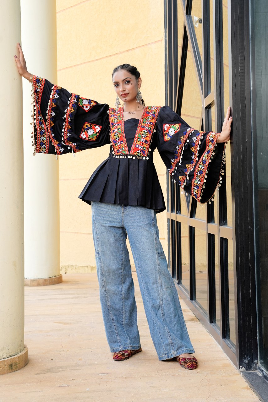 Navratri Special Black Kutchi Embroidered Kurti with Mirror Work - Fully Stitched