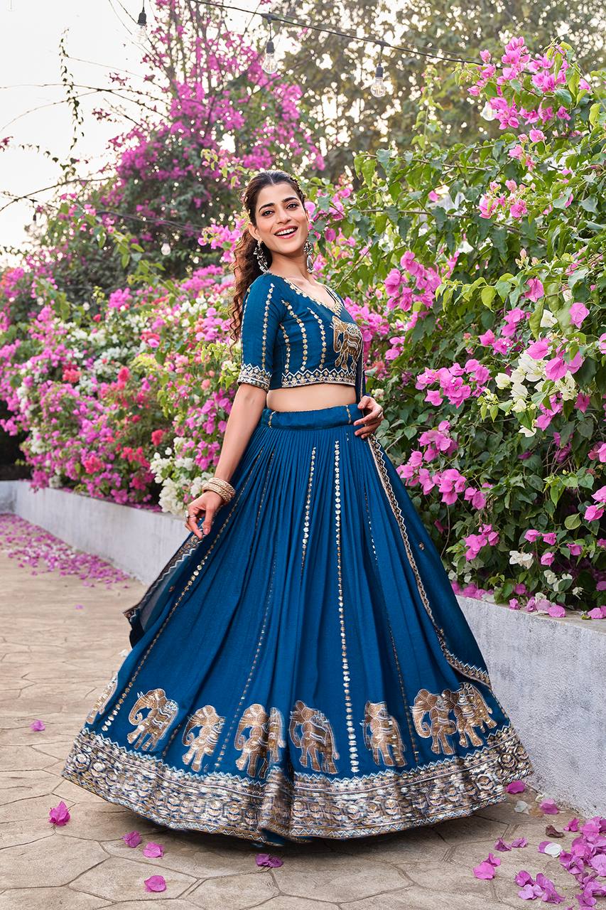 Wedding Collection Pure Vichitra Lehenga Choli with Heavy Embroidery Sequence Work - Fully Stitched