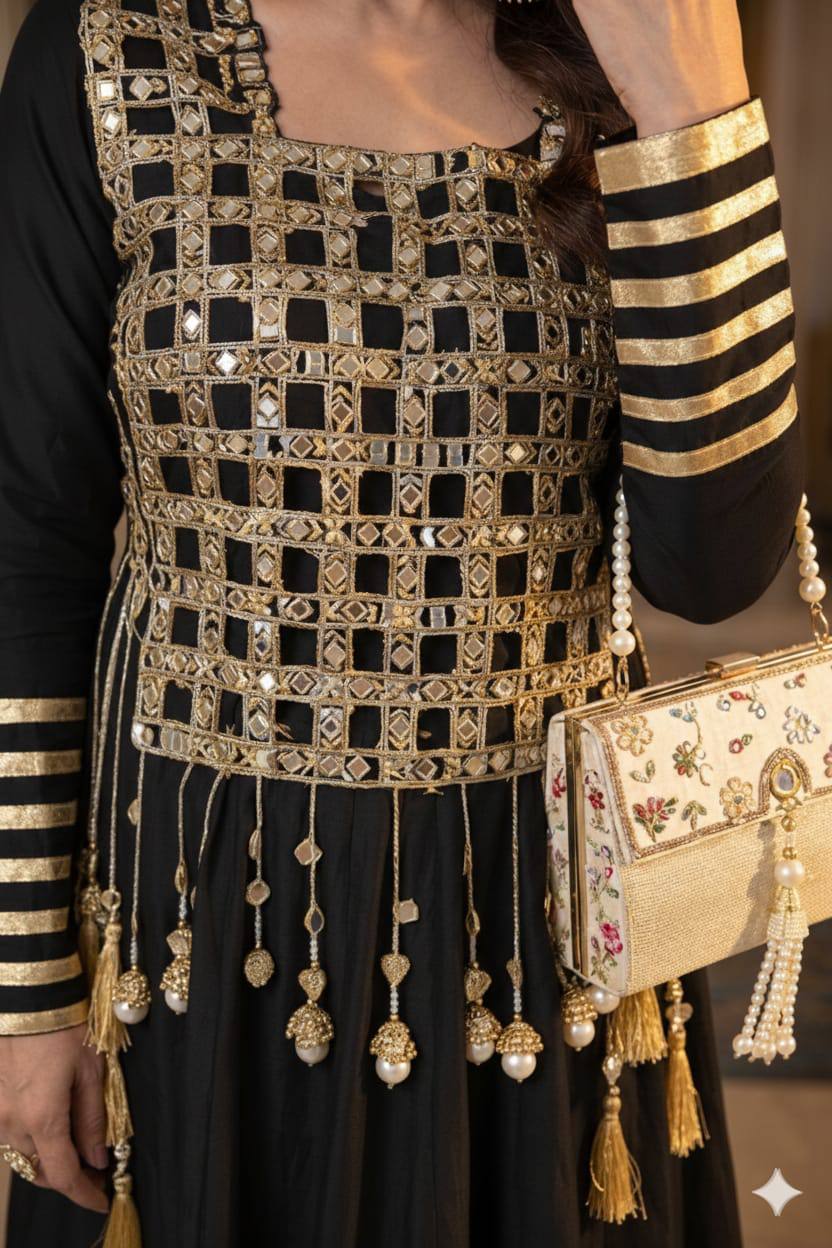 Designer Georgette Top, Silk Pant & Mirror Work Jacket Set