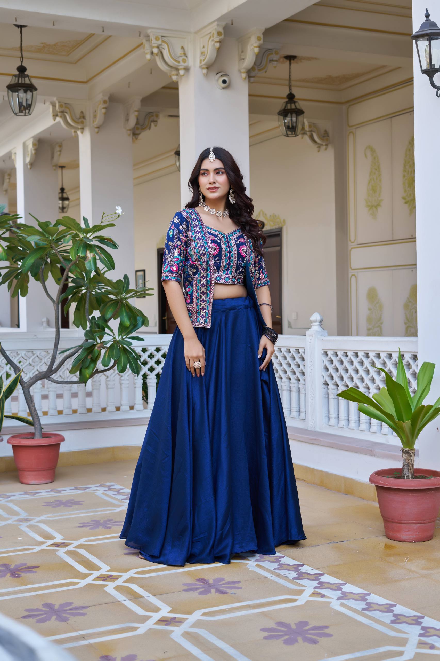 Festival Collection Vichitra Lehenga Choli with Embroidered Koti and 8.50 Meter Flair - Fully Stitched