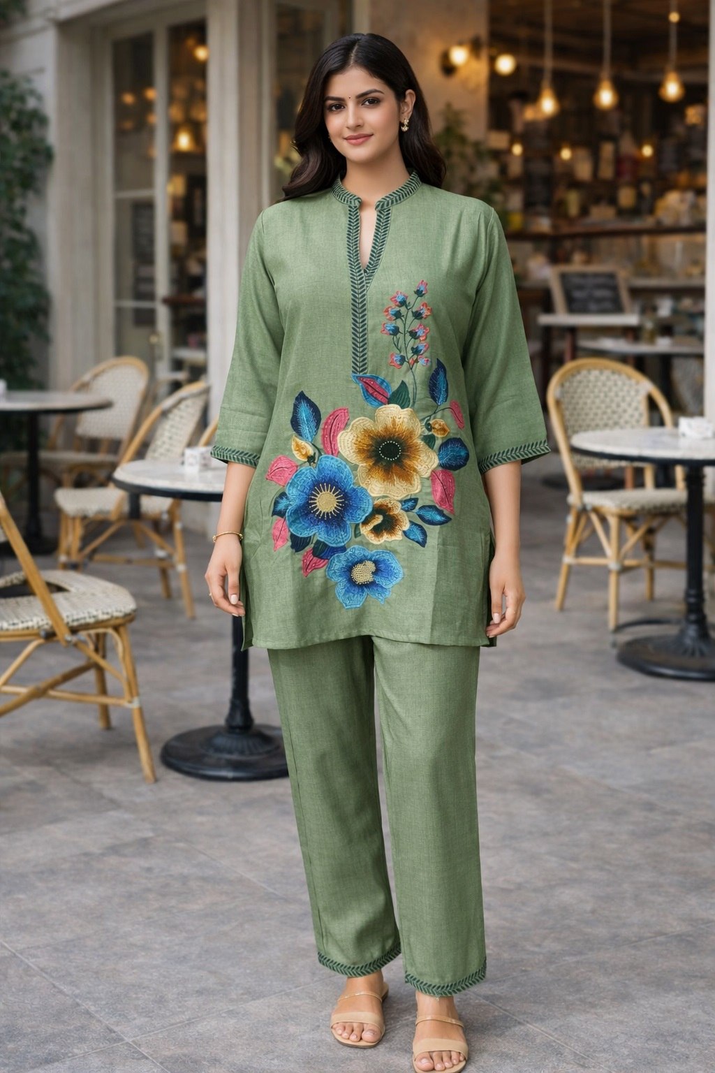 Women's Poly Linen Cotton Embroidered Co-Ord Set with Collar Neck Top and Pant - Fully Stitched