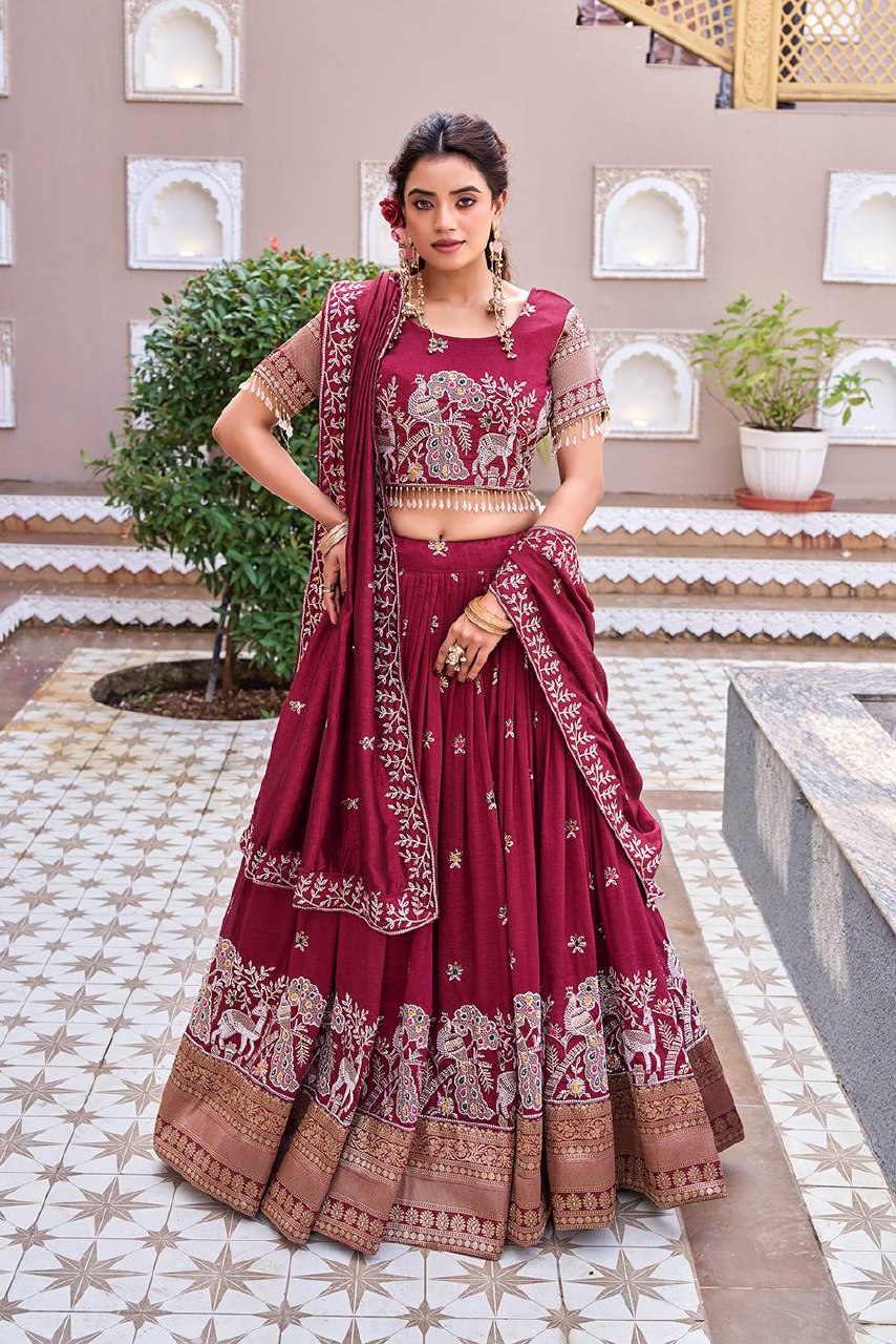 South Collection Satin Silk Lehenga Choli with Heavy Embroidery Sequence Work - Fully Stitched