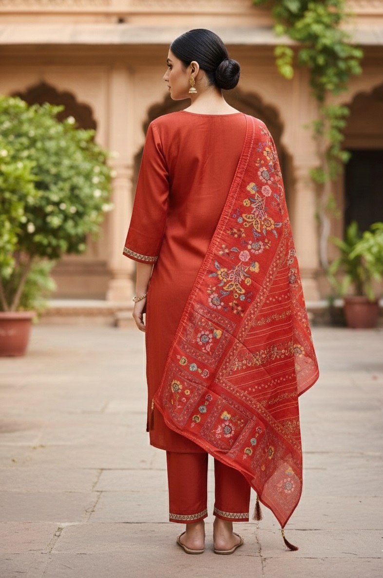 Designer Orange Embroidered Cotton Silk Kurti Pant Set with Digital Print Dupatta - Fully Stitched