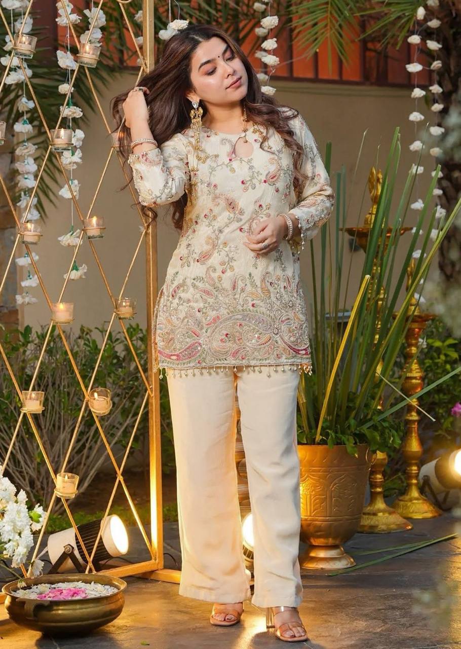 Designer Silk Embroidered Top & Pant Co-Ord Set for Women | Party Wear Ethnic Outfit
