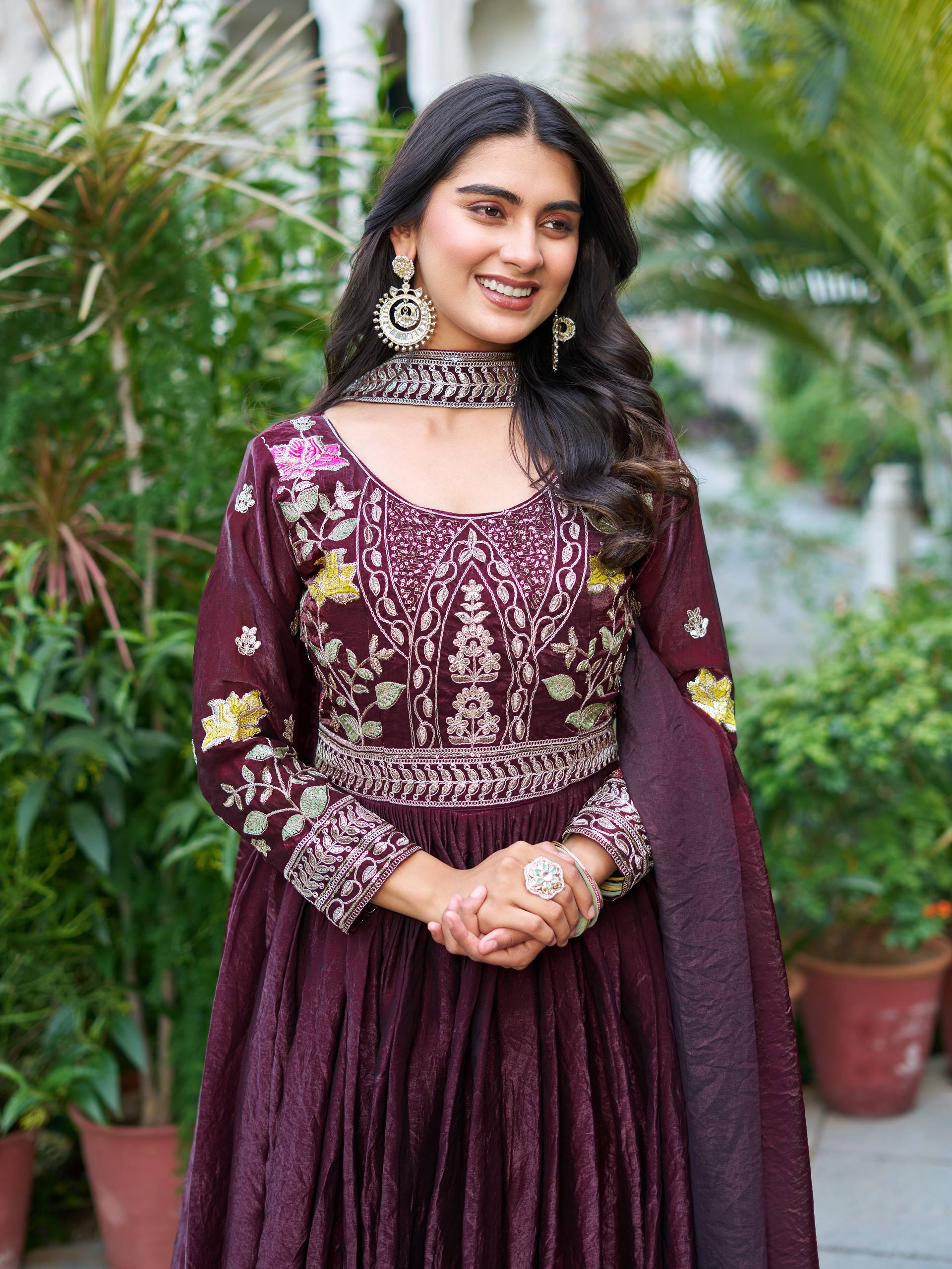 Festival Collection Fendy Silk Long Gown with Heavy Cording Sequence and Thread Embroidery Work - Fully Stitched