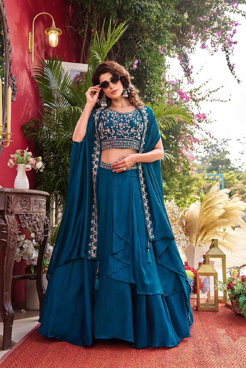 Wedding Special Pure Vichitra Silk Lehenga Choli with Shrug Style Dupatta - Fully Stitched