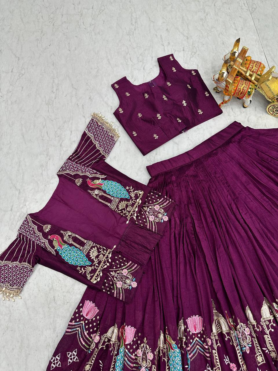 Festival Collection Pure Vichitra Lehenga Choli with Embroidered Koti - Fully Stitched