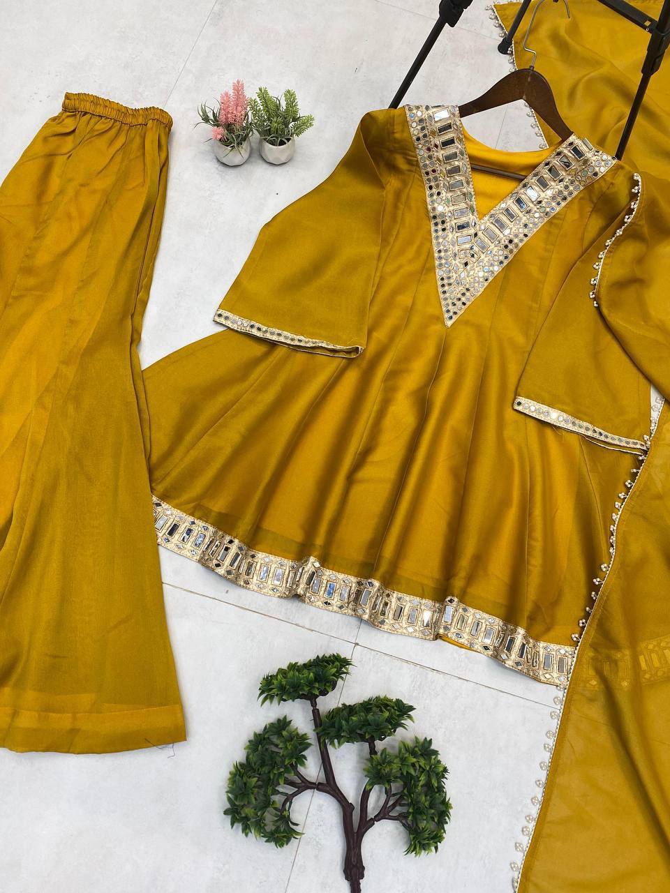Premium Silk Kurti Set for Women | Designer Real Mirror Work Kurti with Silk Pant & Handwork Dupatta | Wedding, Festive & Party Wear Collection&nbsp (K)-1011