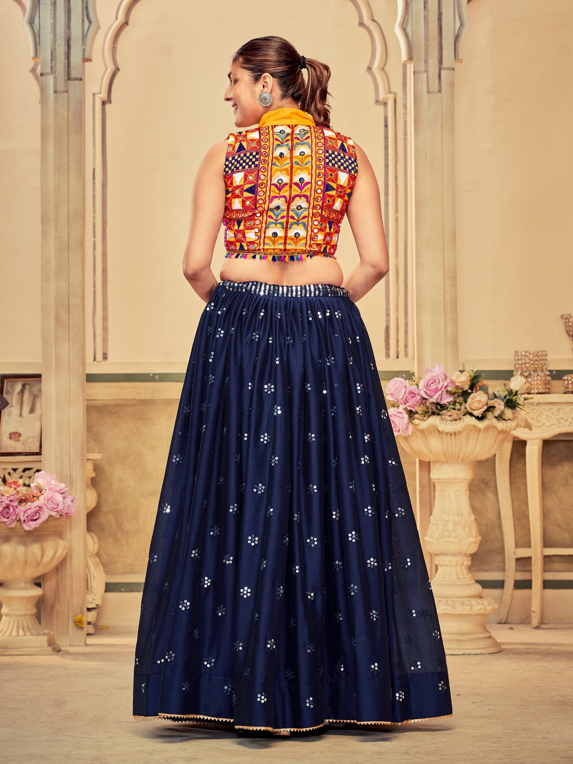 Navratri Special Blue Rangoli Silk Chaniya Choli with Embroidered Lehenga