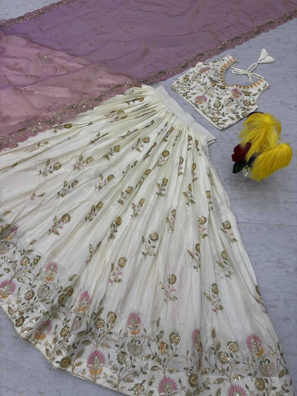New Festival Chinon Lehenga Choli with Embroidered Gold Crush Dupatta - Fully Stitched