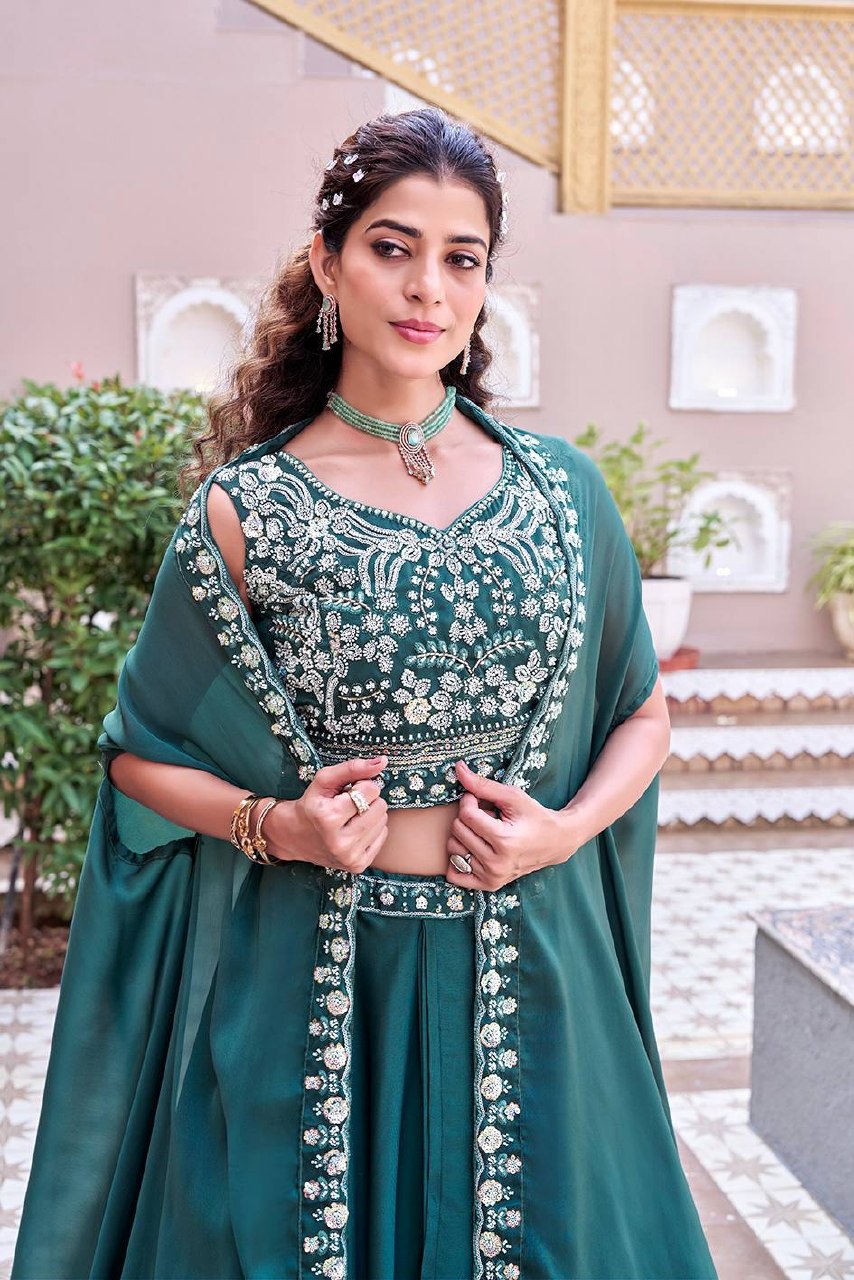 Wedding Special Pure Rangoli Silk Lehenga Choli with Shrug Style Dupatta - Fully Stitched