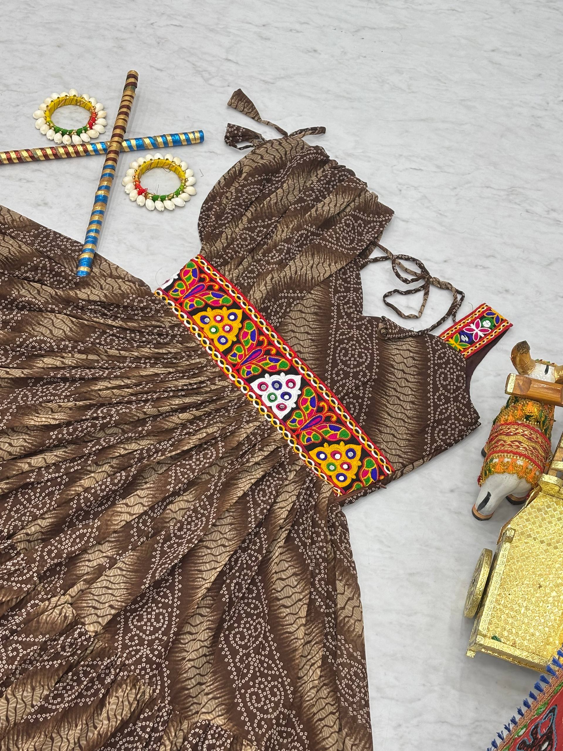 Navratri Special Bandhani Print Faux Georgette Gown with Gamathi Work and Real Mirror - Fully Stitched