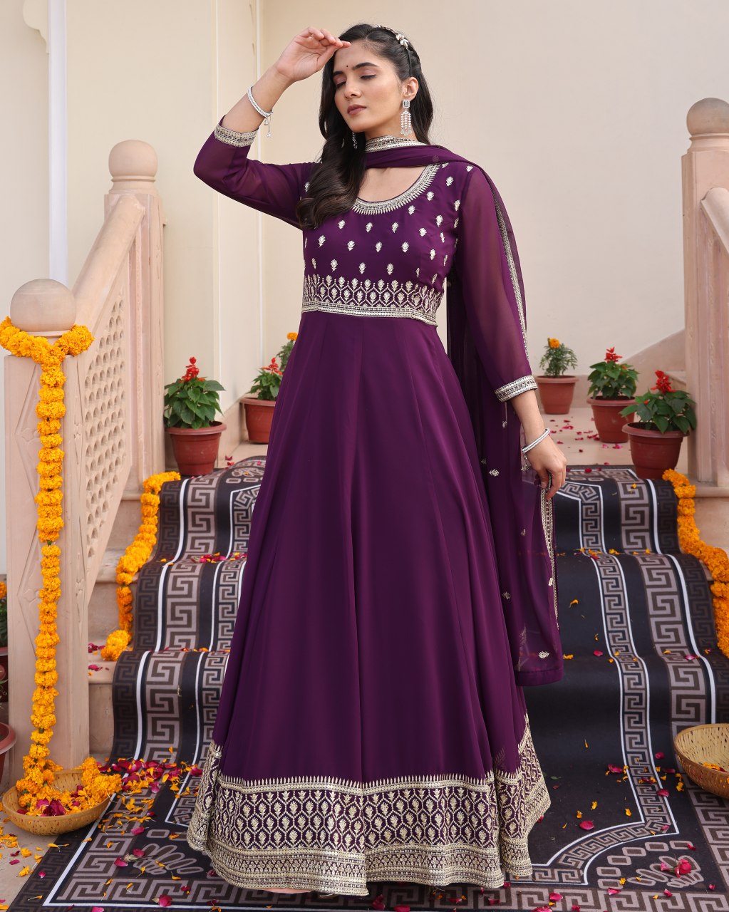 Wedding Wear Purple Georgette Anarkali Suit Set with Dupatta