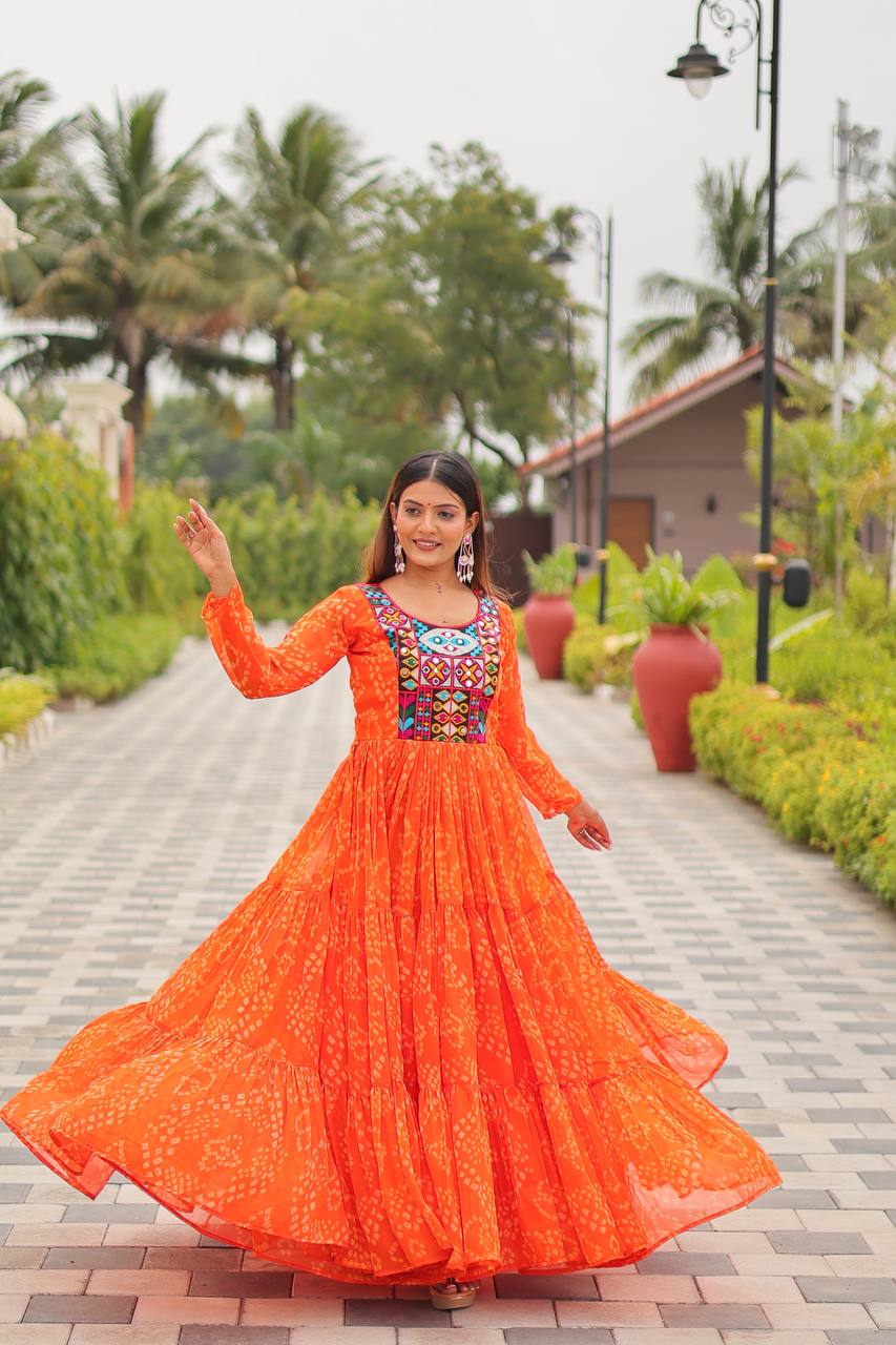 Navratri Special Faux Georgette Gown with Embroidery Thread Work and Real Mirror - Fully Stitched