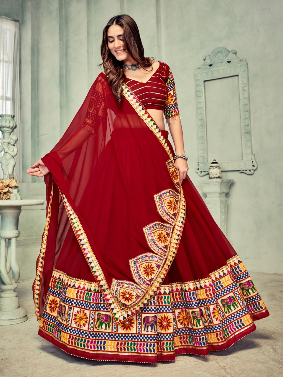 Navratri Special Dark Maroon Kutchi Embroidered Chaniya Choli with Mirror Work