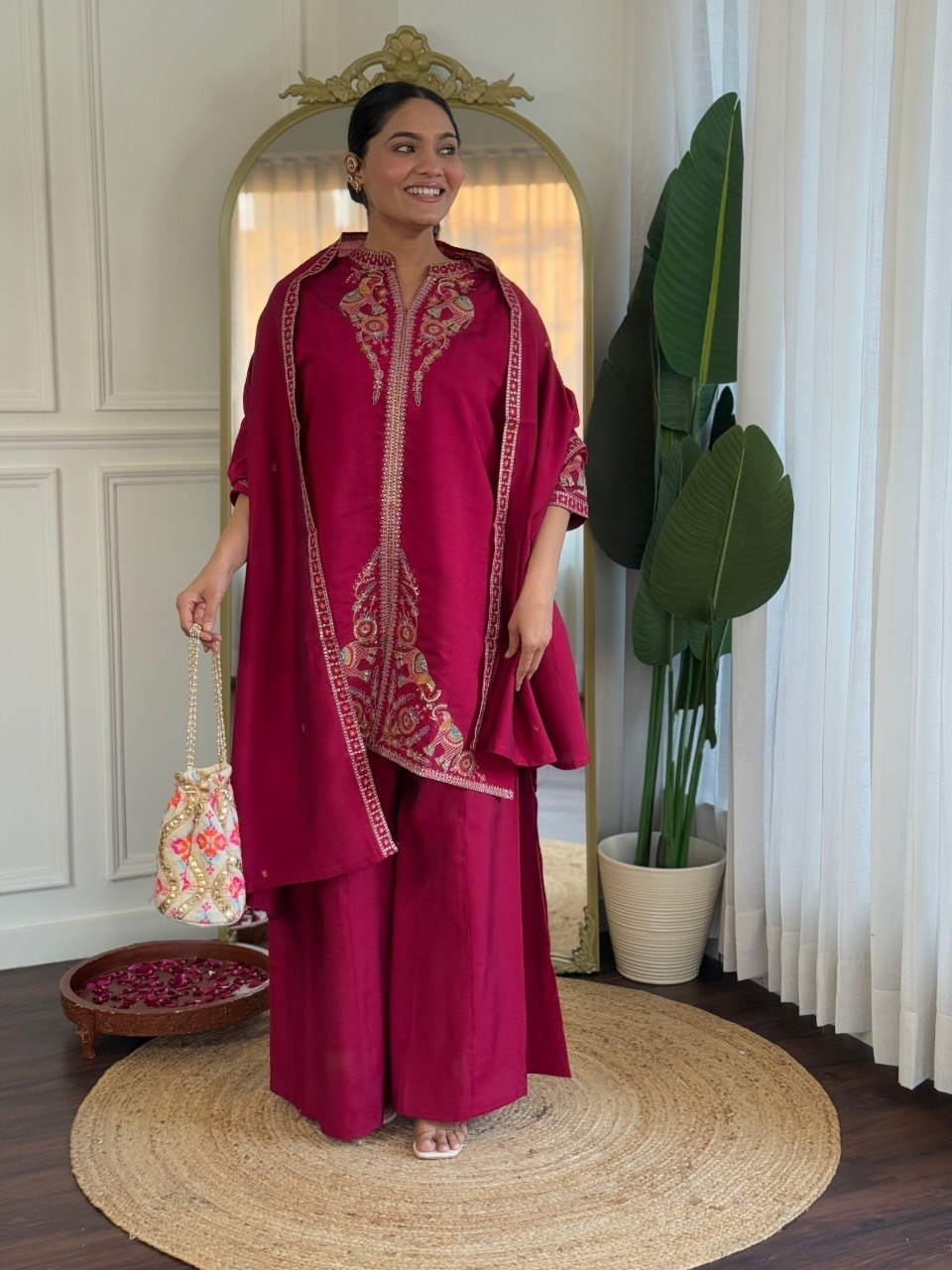Stylish PV Chanderi Embroidered Kurta Palazzo Set with Dupatta for Party Wear - Fully Stitched