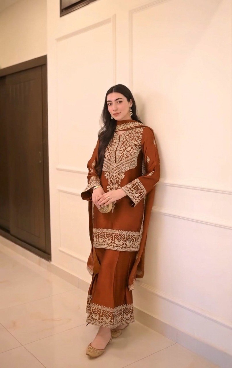 Stylish Vichitra Silk Embroidered Kurta Palazzo Set with Dupatta for Party Wear - Fully Stitched