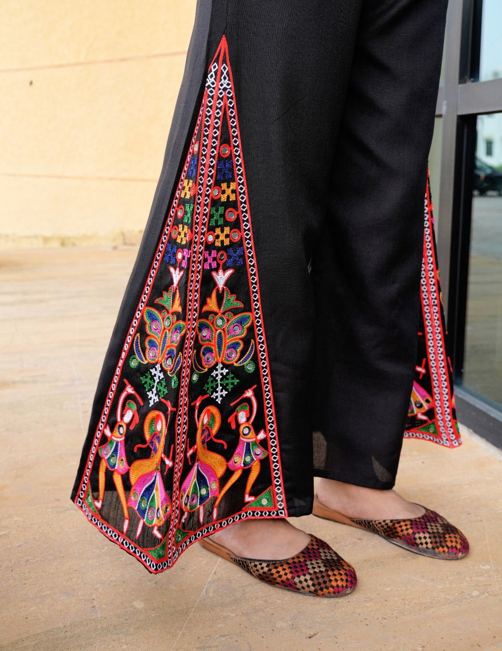 Navratri Special Black Embroidered Kurti Pant Set with Original Mirror Work- Fully Stitched