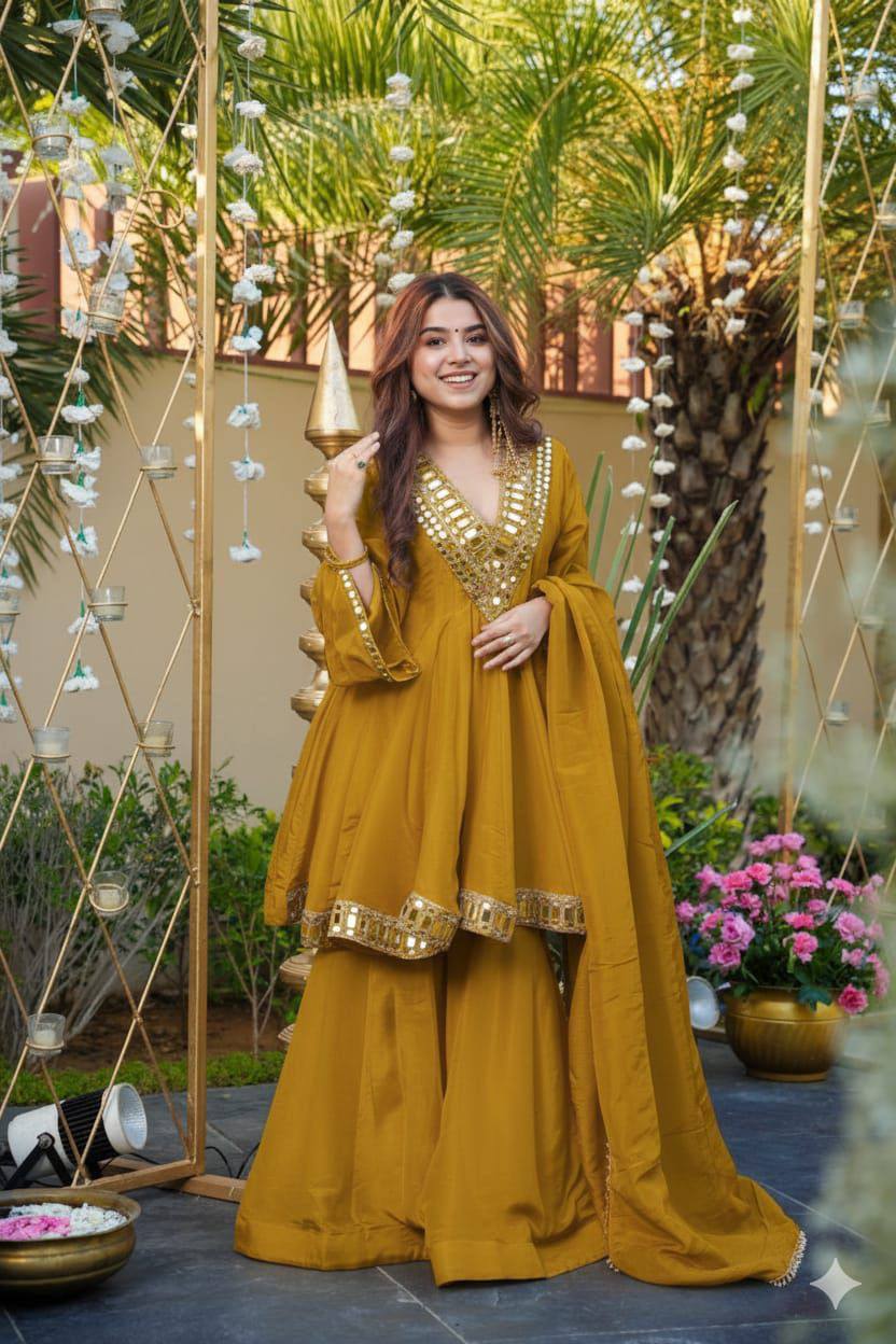 Premium Silk Kurti Set for Women | Designer Real Mirror Work Kurti with Silk Pant & Handwork Dupatta | Wedding, Festive & Party Wear Collection&nbsp (K)-1011