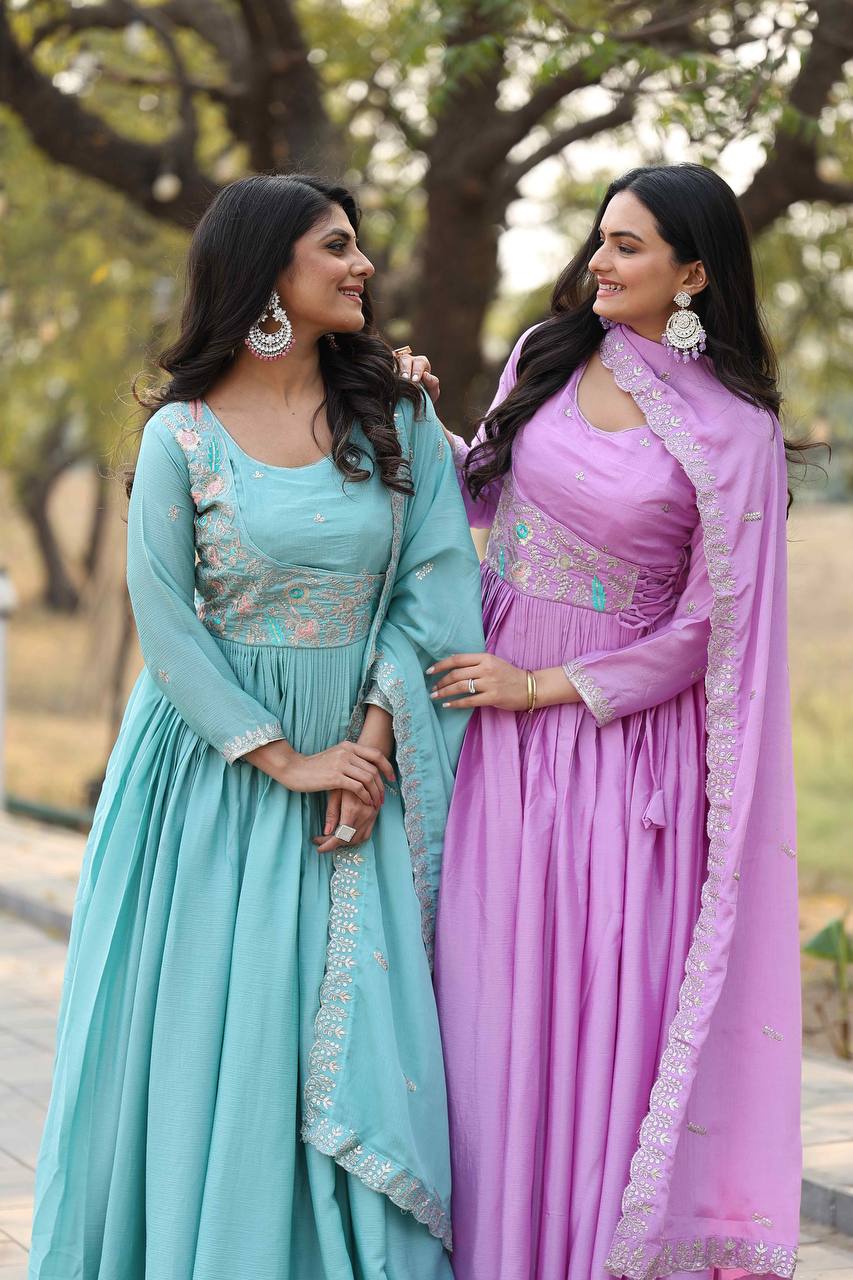 New Festival Collection Chinon Long Gown with Heavy Sequence and Thread Embroidery Dupatta- Fully Stitched