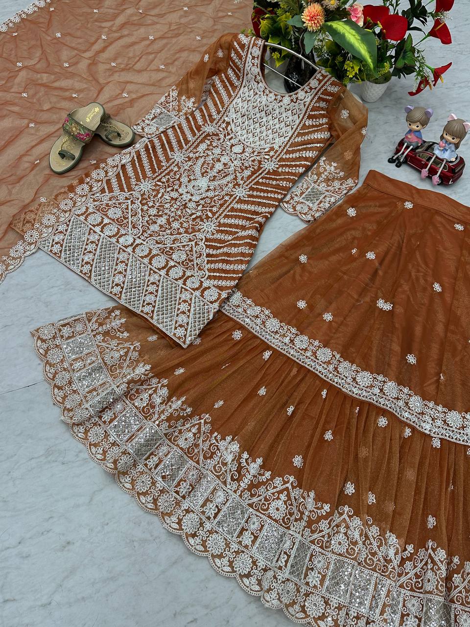 Designer Party Wear Farshi Sharara Set with Heavy Embroidered Top and Dupatta - Fully Stitched