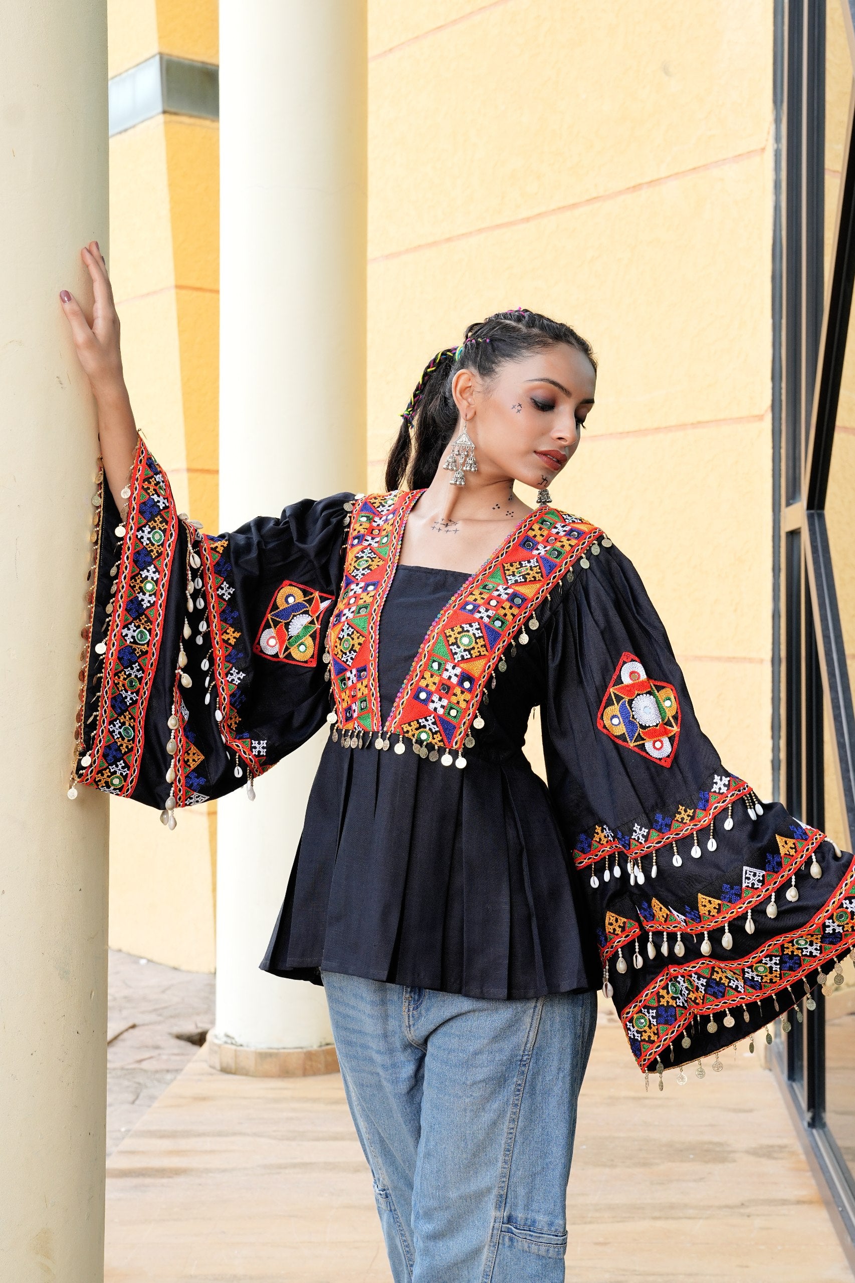 Navratri Special Black Kutchi Embroidered Kurti with Mirror Work - Fully Stitched
