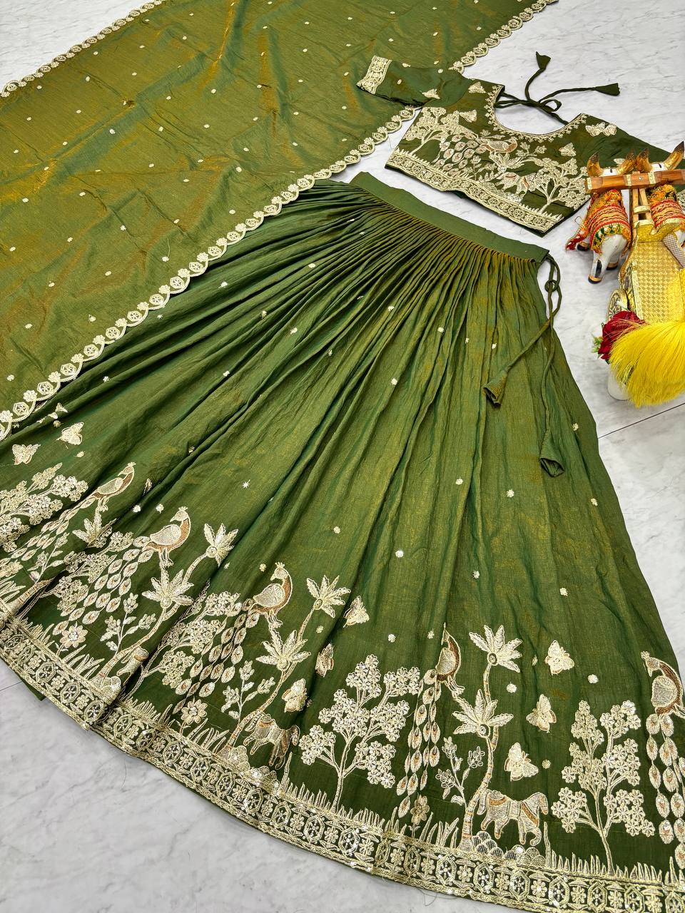 Wedding Collection Pure NC Vichitra Lehenga Choli with Heavy Cording Embroidery Work - Fully Stitched