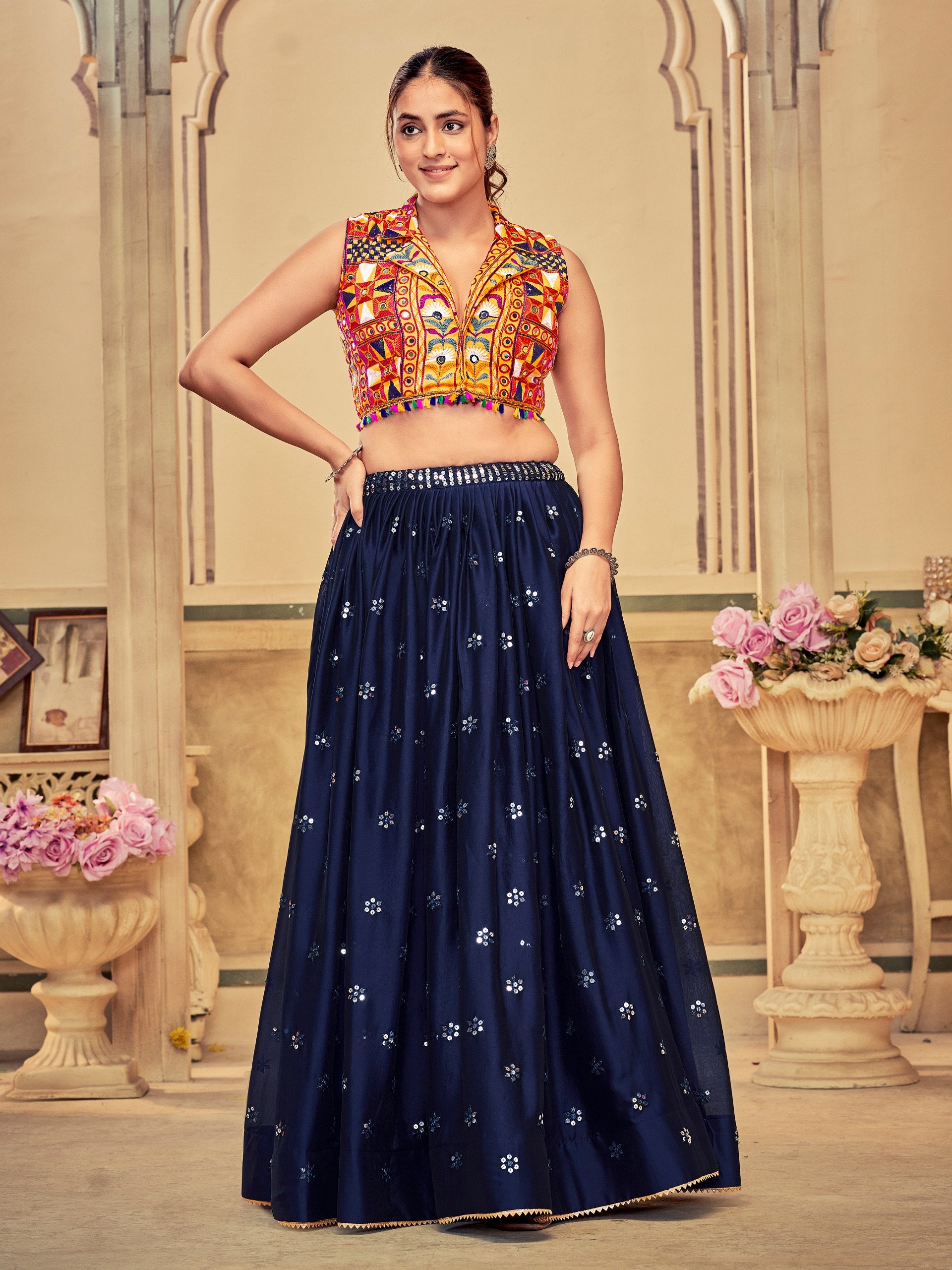 Navratri Special Blue Rangoli Silk Chaniya Choli with Embroidered Lehenga