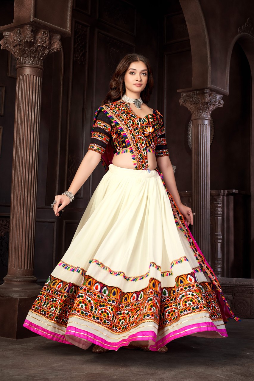 Navratri Special Off-White Georgette Chaniya Choli with Traditional Kutchi Mirror Work